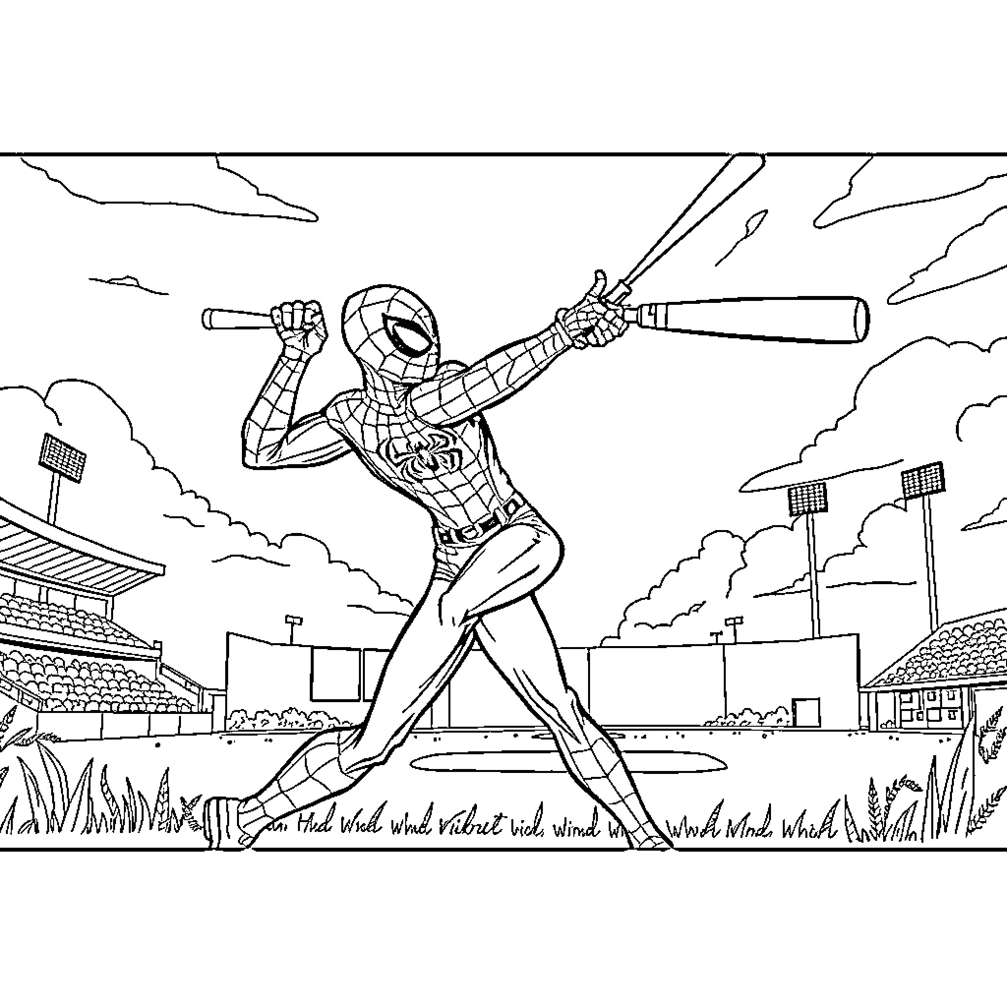 Spider-Man swinging into action in a sports stadium Coloring Page (free black-and-white line drawing printable PDF for all, from beginners to advanced learners, including children, teens, adults, and seniors)