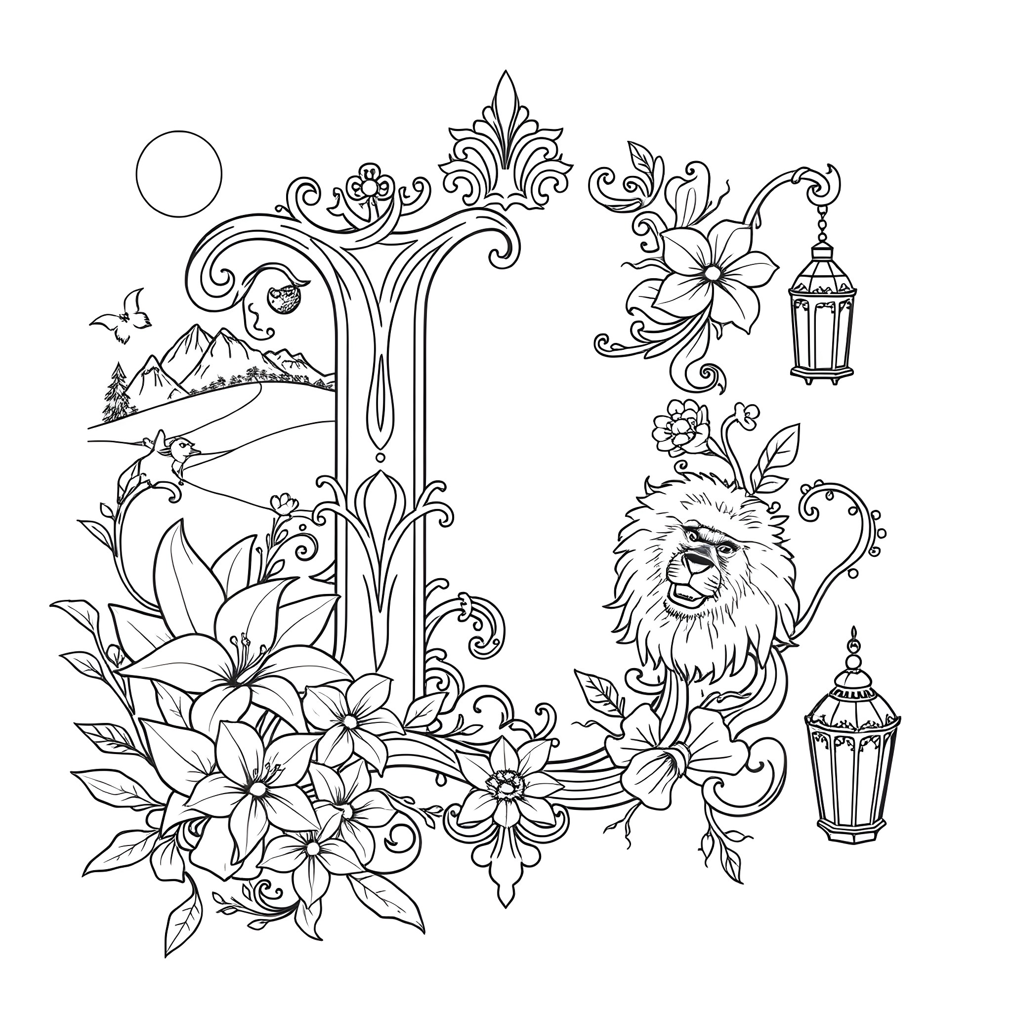 Letter L with Floral Designs and a Furry Companion Coloring Page (free black-and-white line drawing printable PDF for all, from beginners to advanced learners, including children, teens, adults, and seniors)
