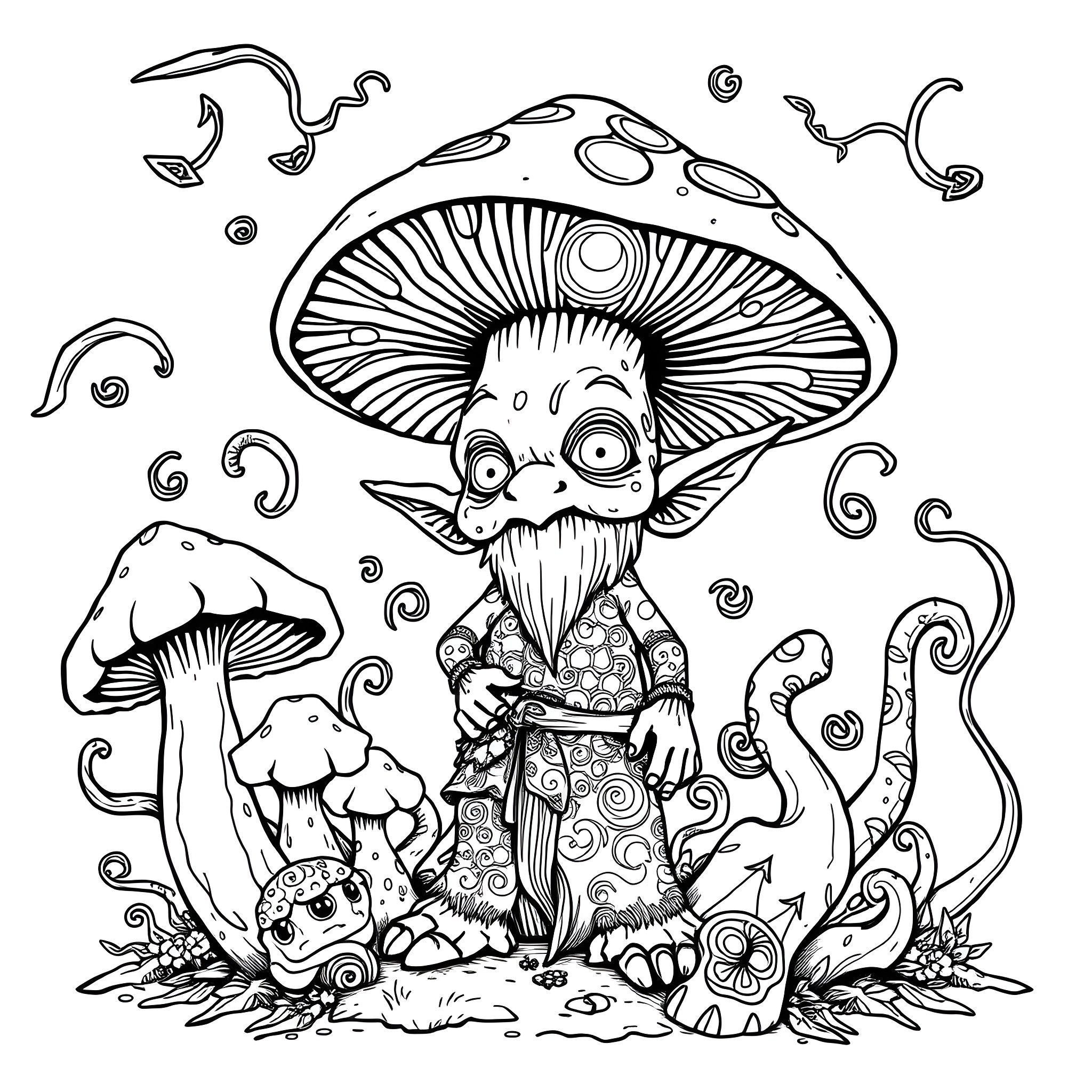 Mushroom Gnome surrounded by whimsical fantasy elements Coloring Page (free black-and-white line drawing printable PDF for all, from beginners to advanced learners, including children, teens, adults, and seniors)