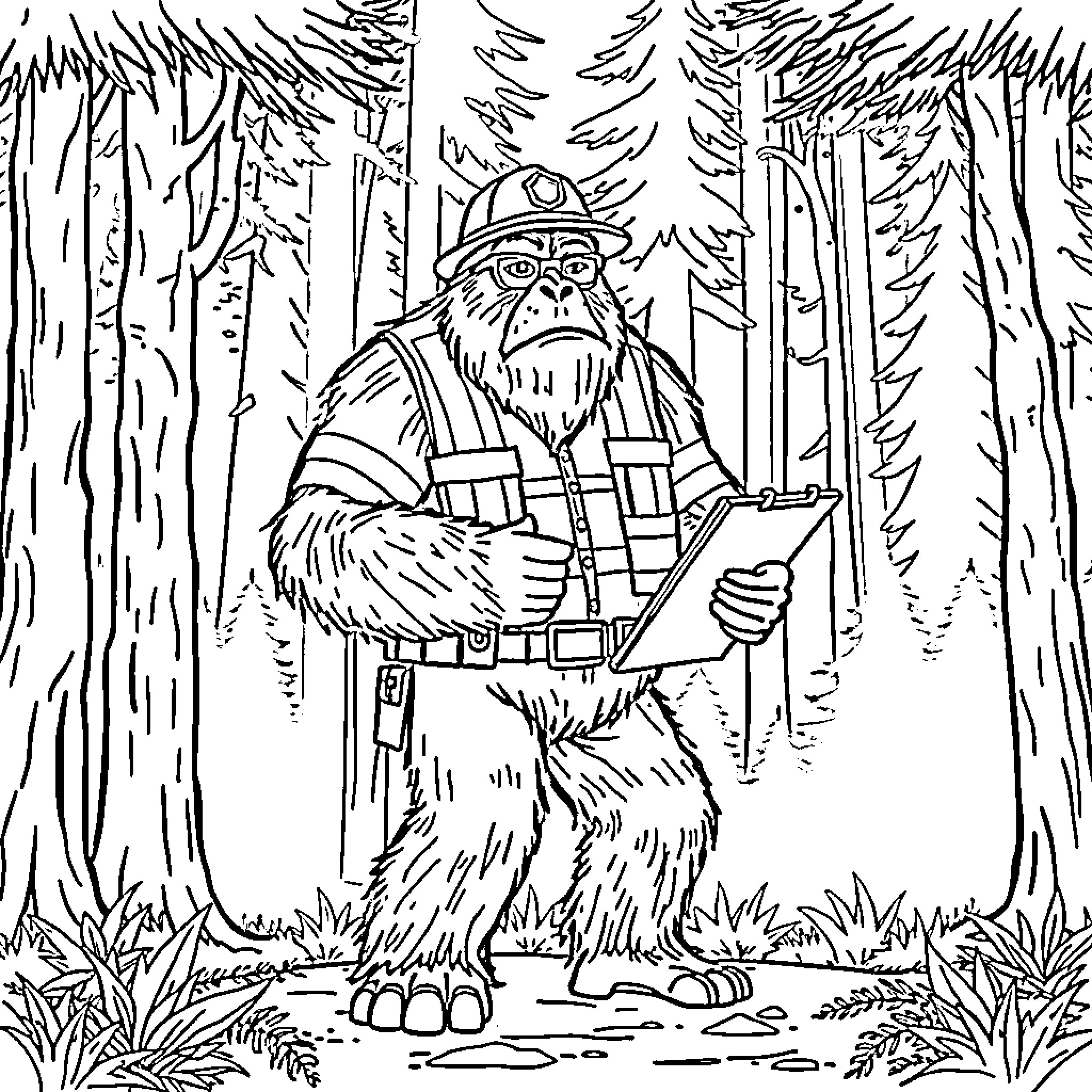 Bigfoot exploring the mysterious forest Coloring Page (free black-and-white line drawing printable PDF for all, from beginners to advanced learners, including children, teens, adults, and seniors)