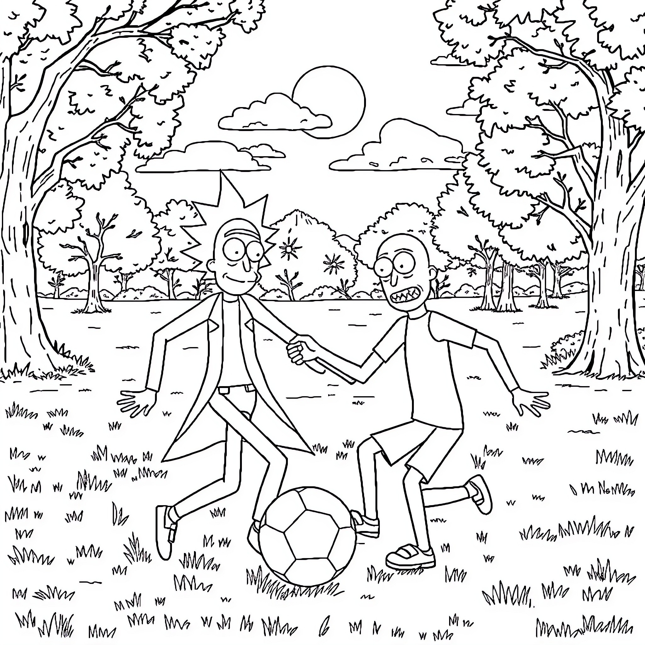 Rick And Morty Playing Soccer in Animated Landscape Coloring Page (free black-and-white line drawing printable PDF for all, from beginners to advanced learners, including children, teens, adults, and seniors)