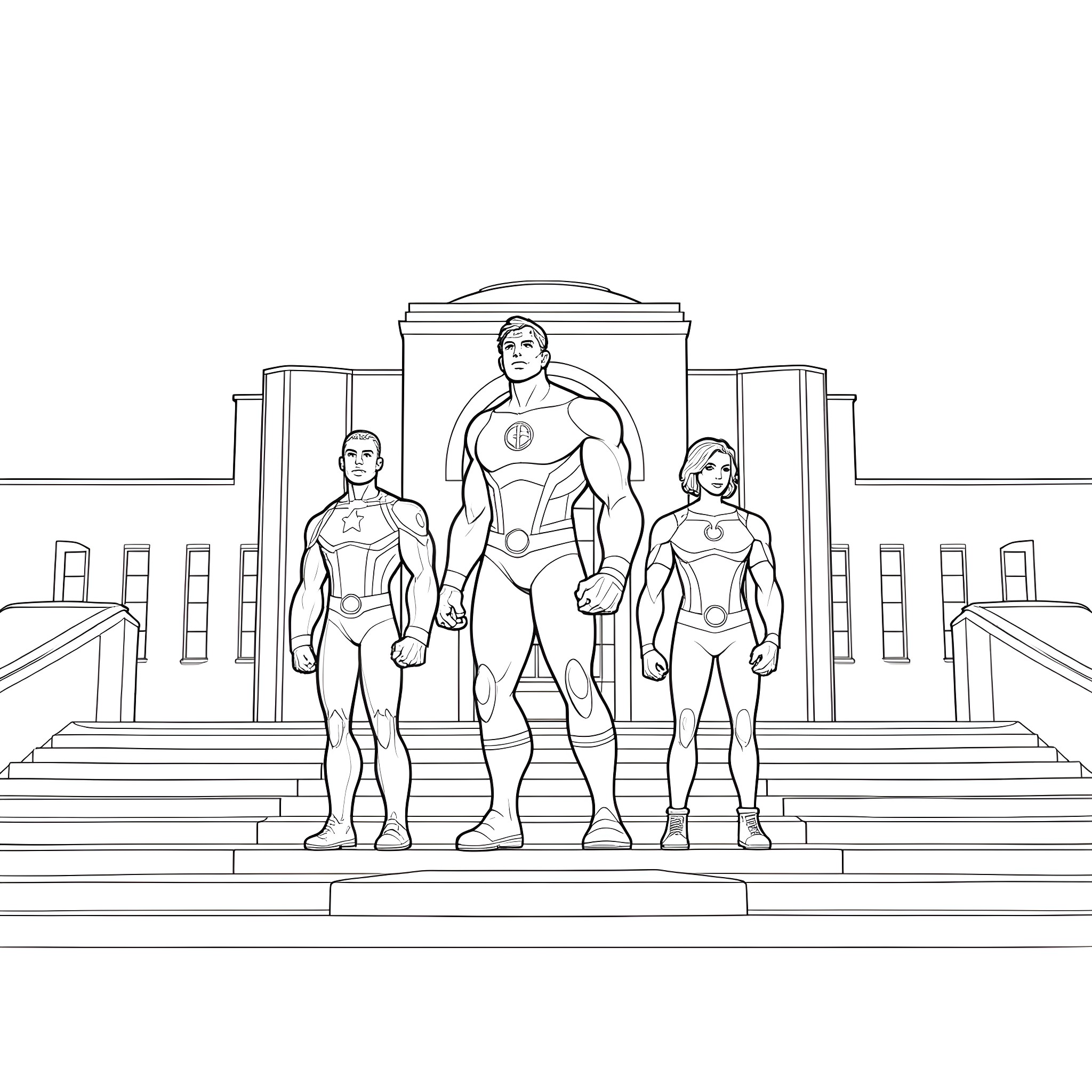 Avenger heroes standing tall in uniform Coloring Page (free black-and-white line drawing printable PDF for all, from beginners to advanced learners, including children, teens, adults, and seniors)