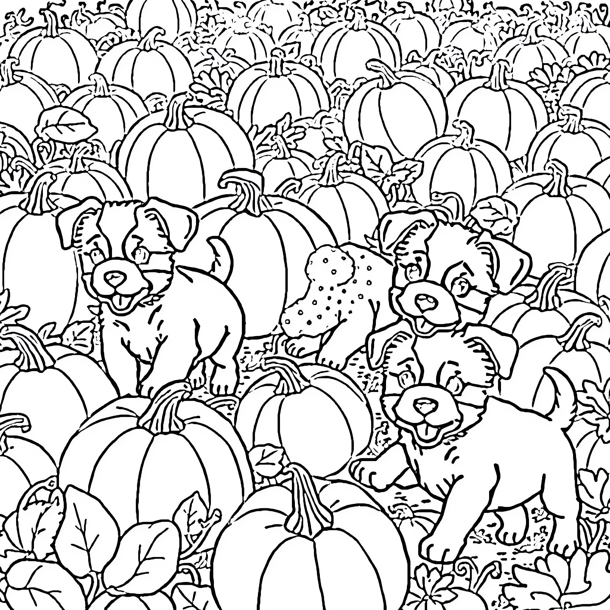 Puppies playing among pumpkins on Halloween Coloring Page (free black-and-white line drawing printable PDF for all, from beginners to advanced learners, including children, teens, adults, and seniors)