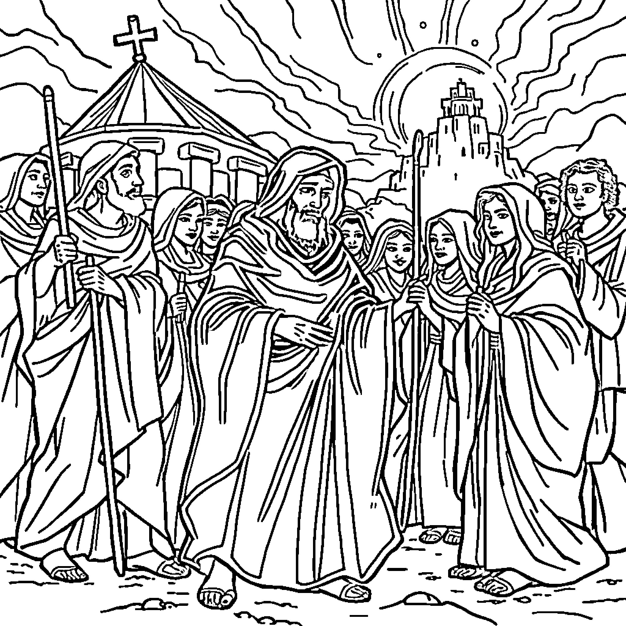 History of Religious Gathering in an Ancient City Coloring Page (free black-and-white line drawing printable PDF for all, from beginners to advanced learners, including children, teens, adults, and seniors)