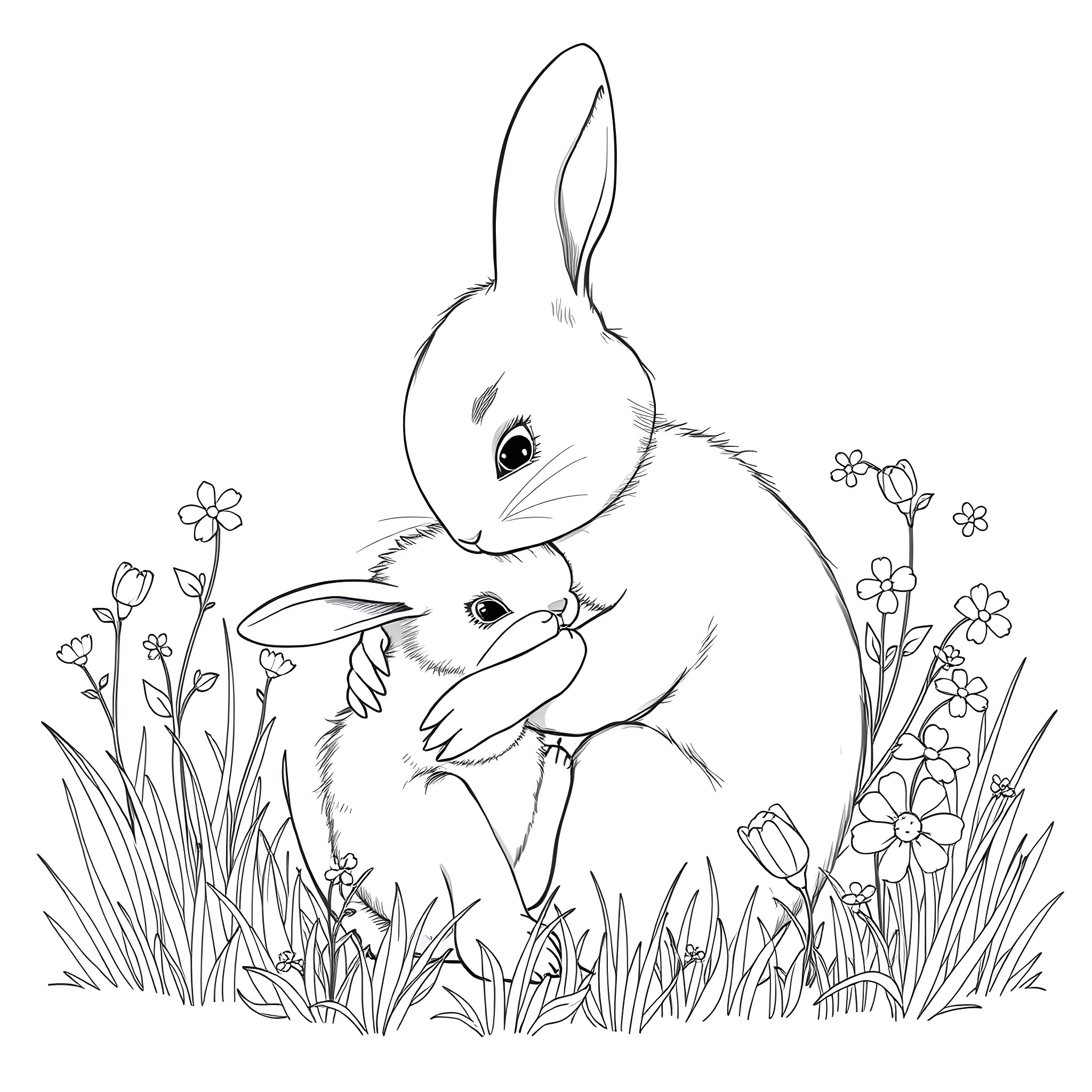 Rabbit family playing amid the flowers Coloring Page (free black-and-white line drawing printable PDF for all, from beginners to advanced learners, including children, teens, adults, and seniors)