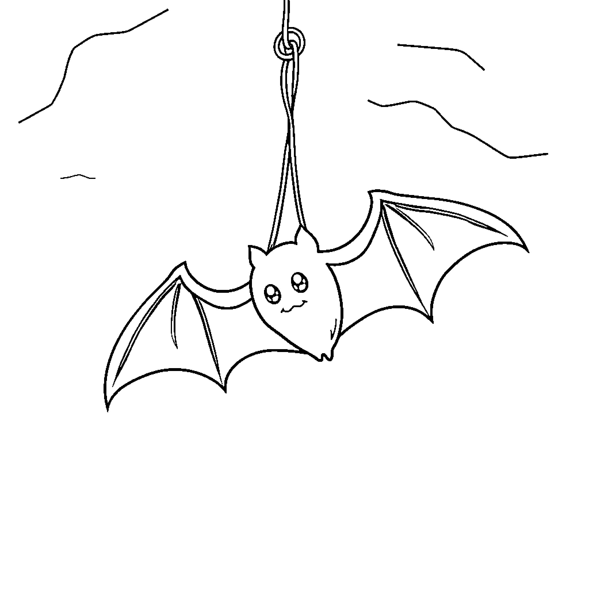 Bat hanging from string with cute expression Coloring Page (free black-and-white line drawing printable PDF for all, from beginners to advanced learners, including children, teens, adults, and seniors)
