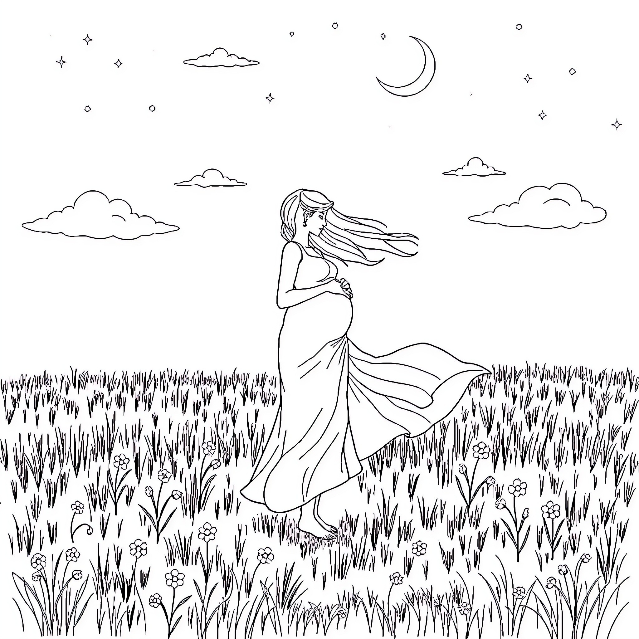 Pregnant Woman Enjoying Tranquil Outdoor Scene Coloring Page (free black-and-white line drawing printable PDF for all, from beginners to advanced learners, including children, teens, adults, and seniors)