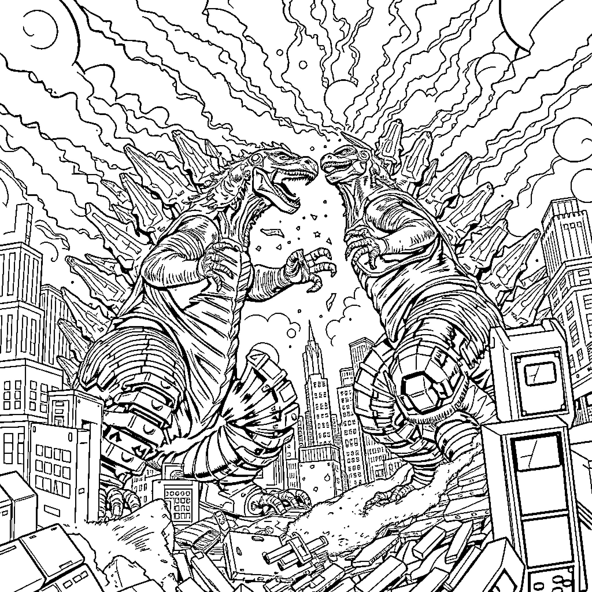 Godzilla Unleashing Destructive Fury upon the City Coloring Page (free black-and-white line drawing printable PDF for all, from beginners to advanced learners, including children, teens, adults, and seniors)