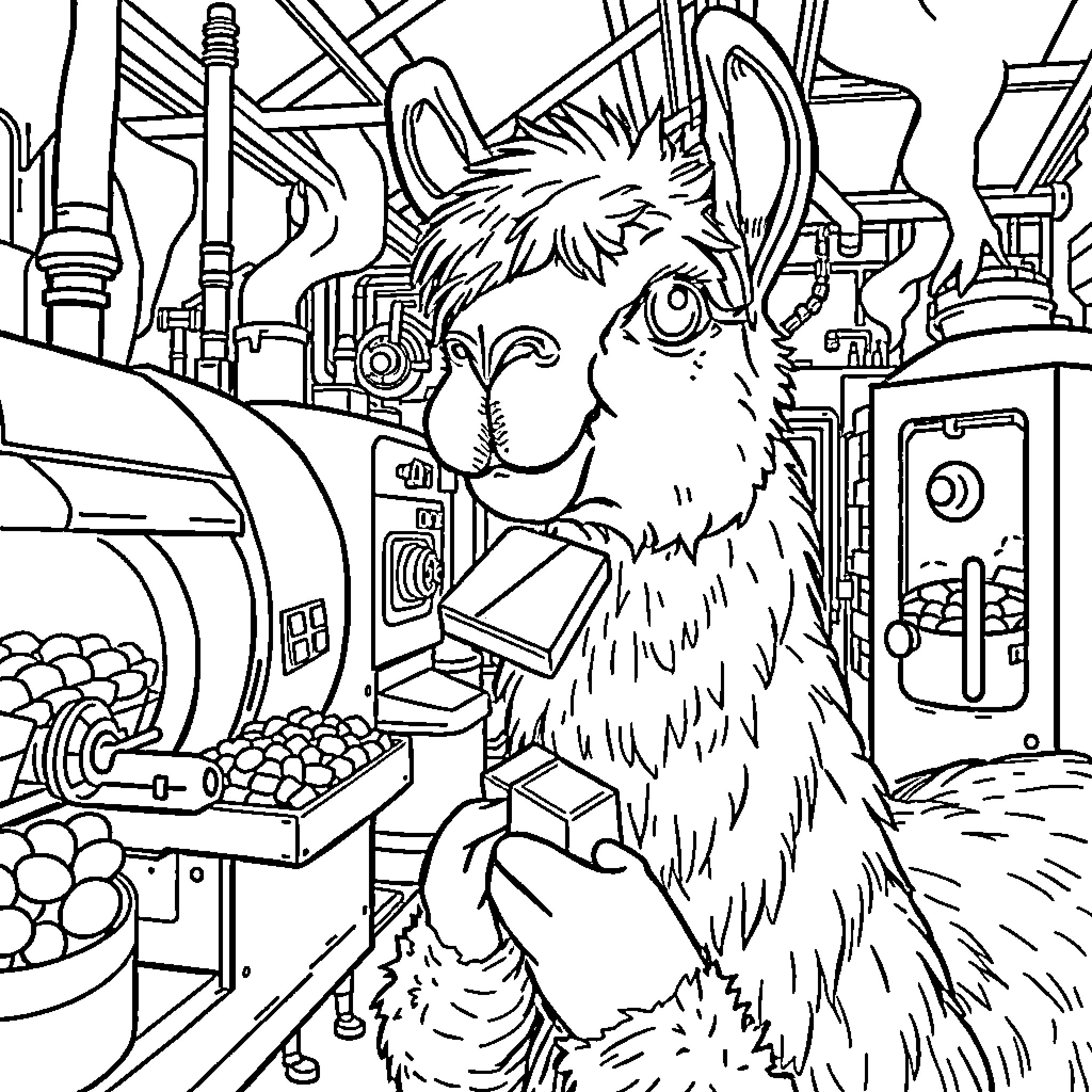 Alpaca exploring a mysterious factory Coloring Page (free black-and-white line drawing printable PDF for all, from beginners to advanced learners, including children, teens, adults, and seniors)