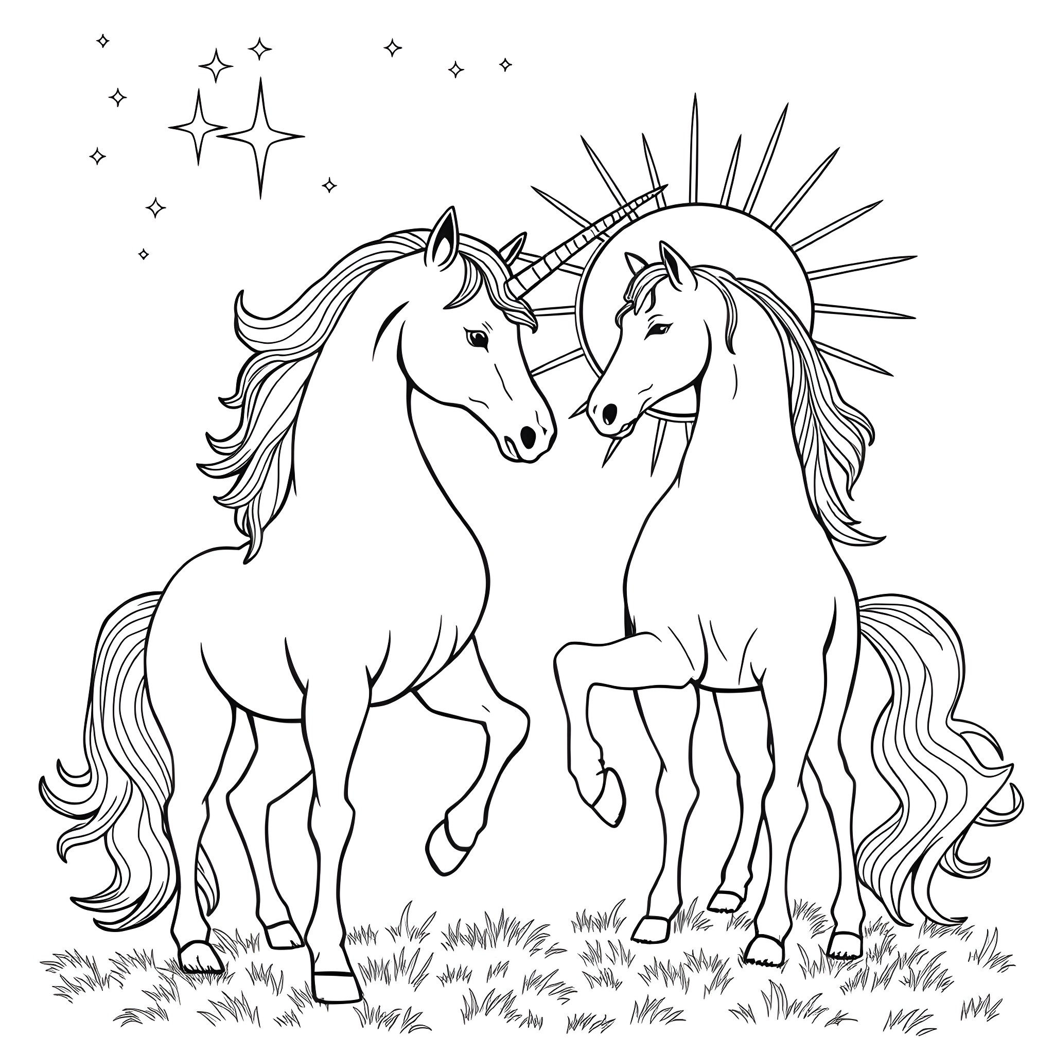 Unicorn pair enjoying the sunset Coloring Page (free black-and-white line drawing printable PDF for all, from beginners to advanced learners, including children, teens, adults, and seniors)