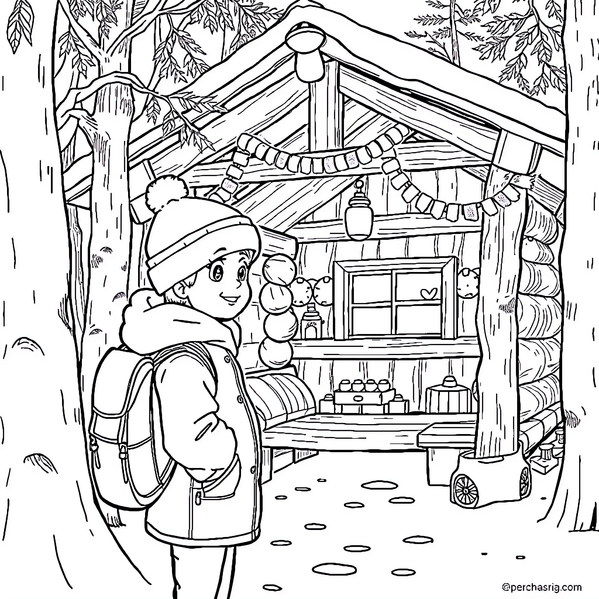 Student exploring a cozy woodland cabin Coloring Page (free black-and-white line drawing printable PDF for all, from beginners to advanced learners, including children, teens, adults, and seniors)