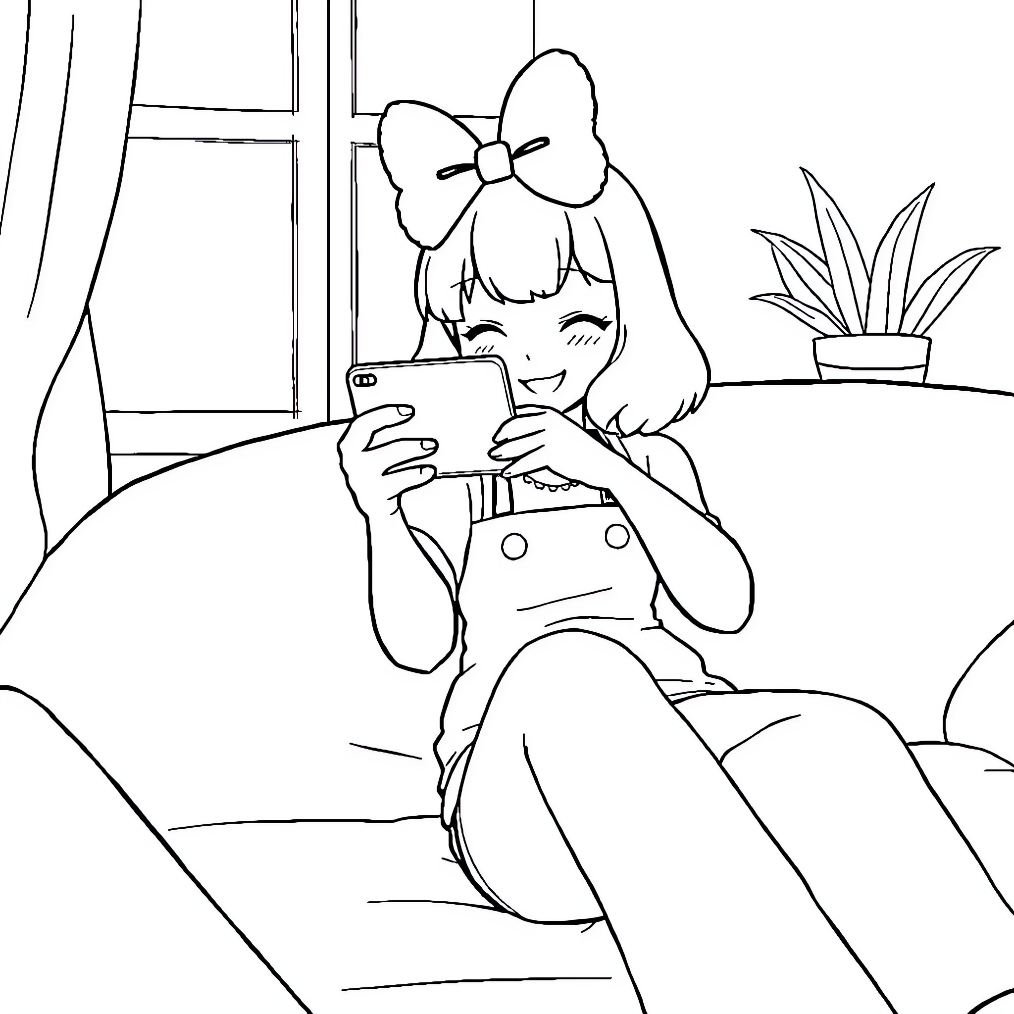 Melody playing with smartphone in cozy room Coloring Page (free black-and-white line drawing printable PDF for all, from beginners to advanced learners, including children, teens, adults, and seniors)