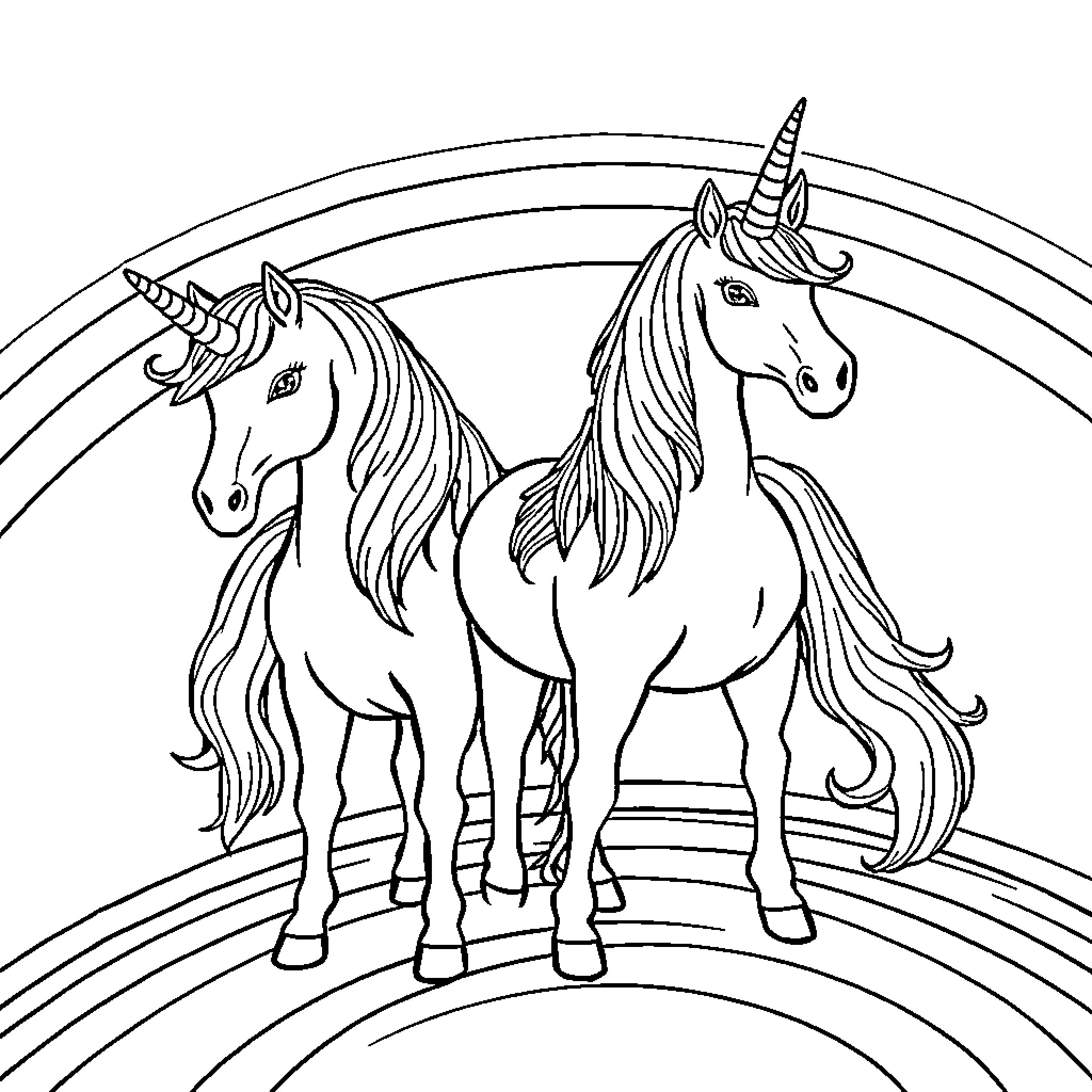 Unicorn duo stands proudly amid rainbow arches Coloring Page (free black-and-white line drawing printable PDF for all, from beginners to advanced learners, including children, teens, adults, and seniors)