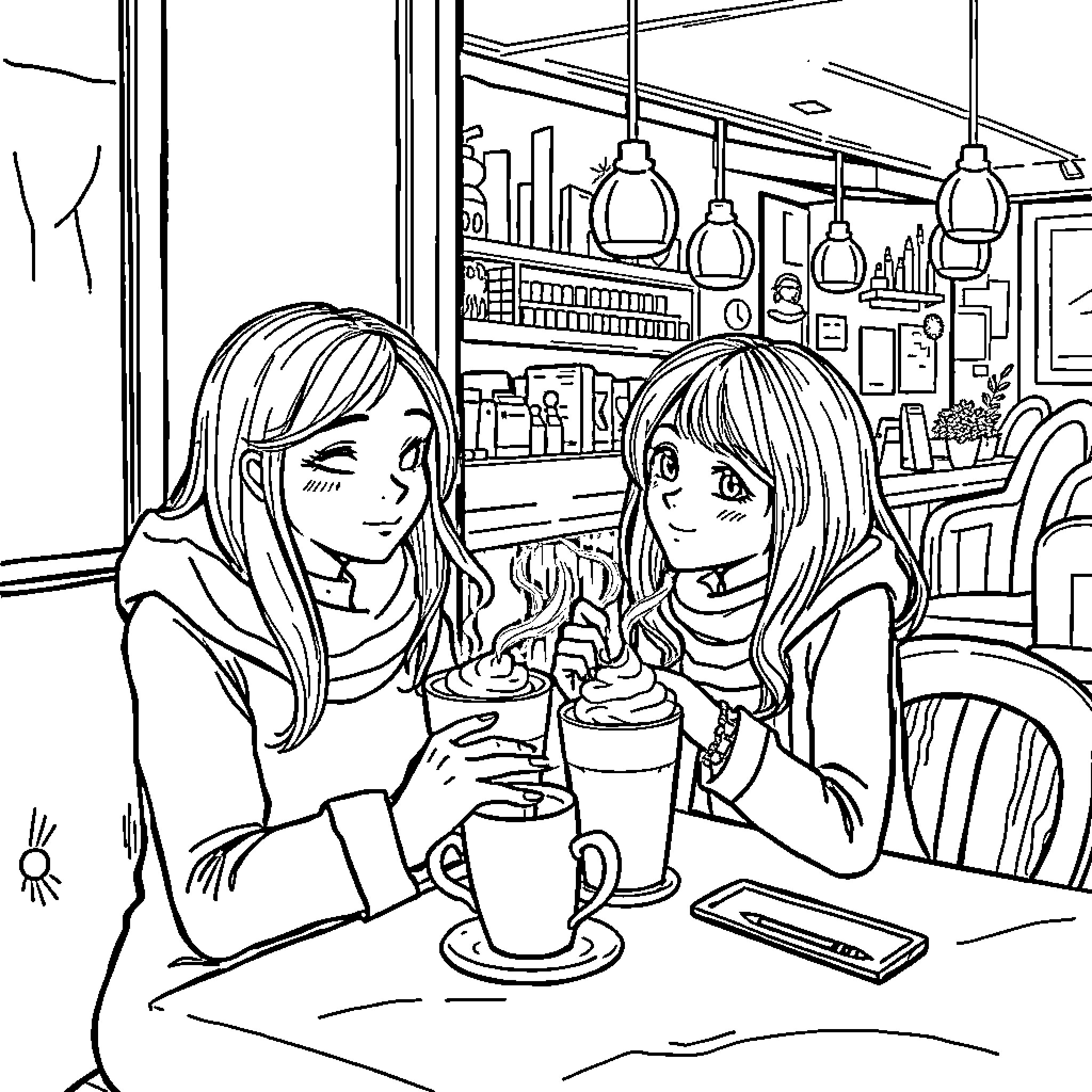 Girls enjoying coffee and conversation in cafe Coloring Page (free black-and-white line drawing printable PDF for all, from beginners to advanced learners, including children, teens, adults, and seniors)
