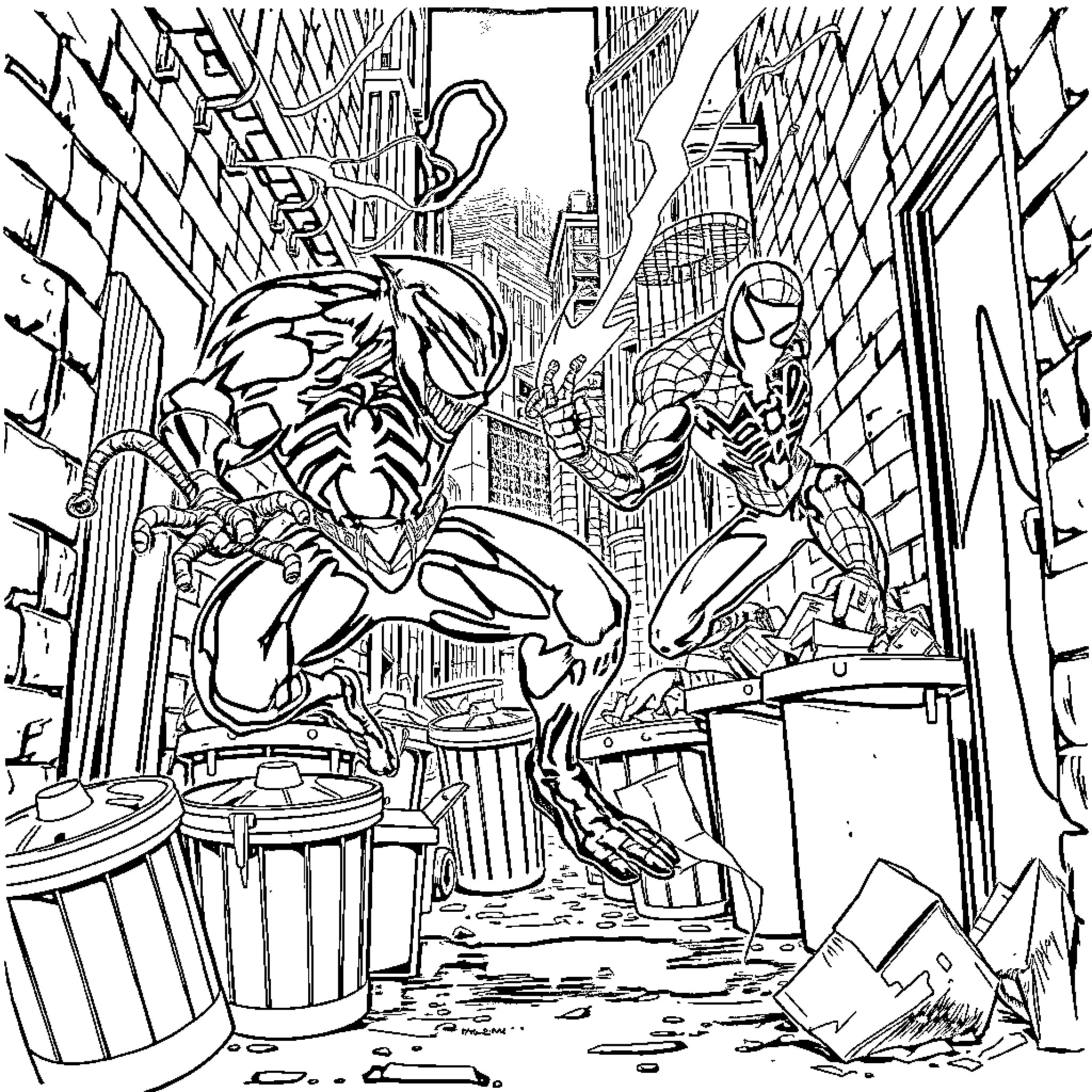 Venom unleashing chaos in the urban jungle Coloring Page (free black-and-white line drawing printable PDF for all, from beginners to advanced learners, including children, teens, adults, and seniors)
