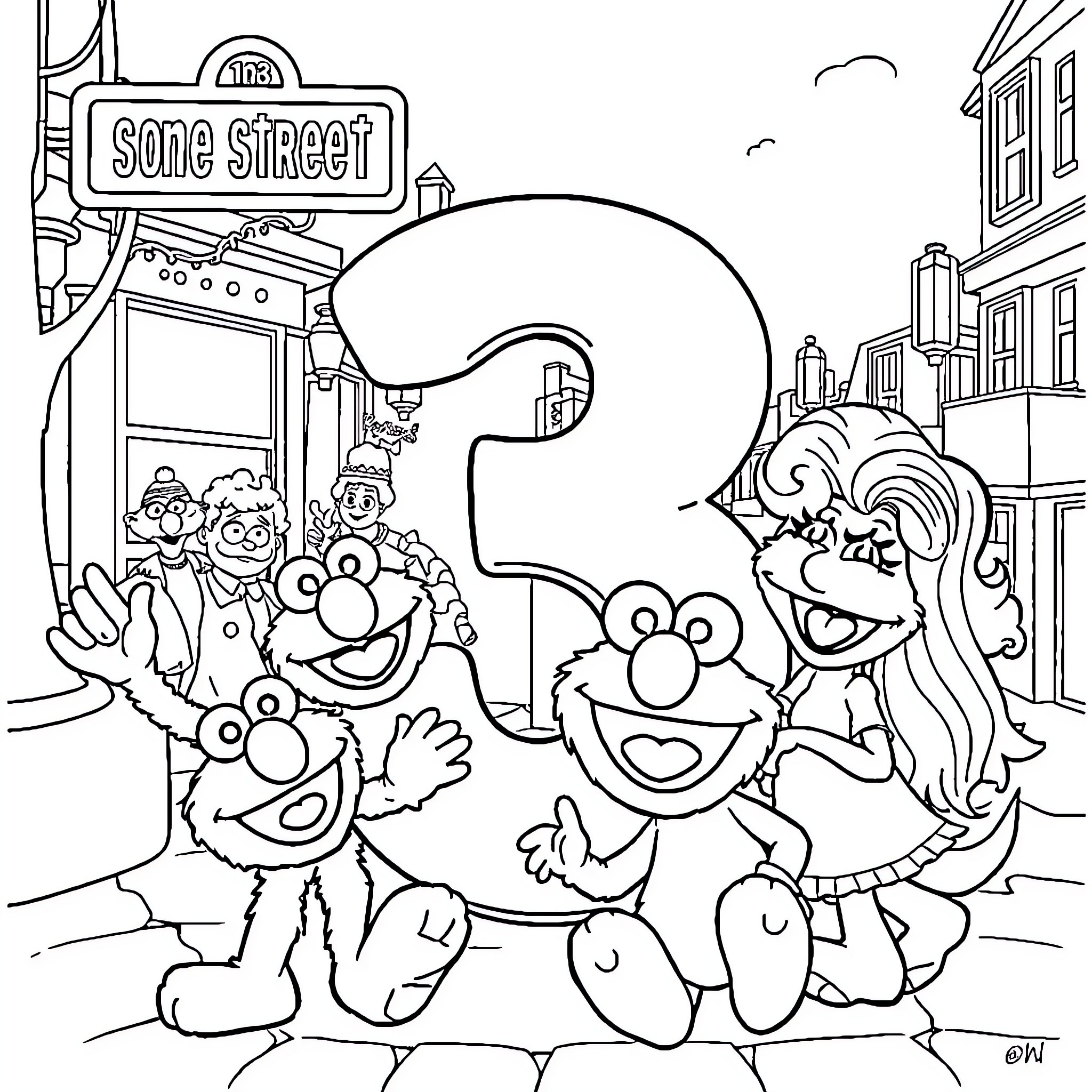 Sesame Street characters in lively scene Coloring Page (free black-and-white line drawing printable PDF for all, from beginners to advanced learners, including children, teens, adults, and seniors)