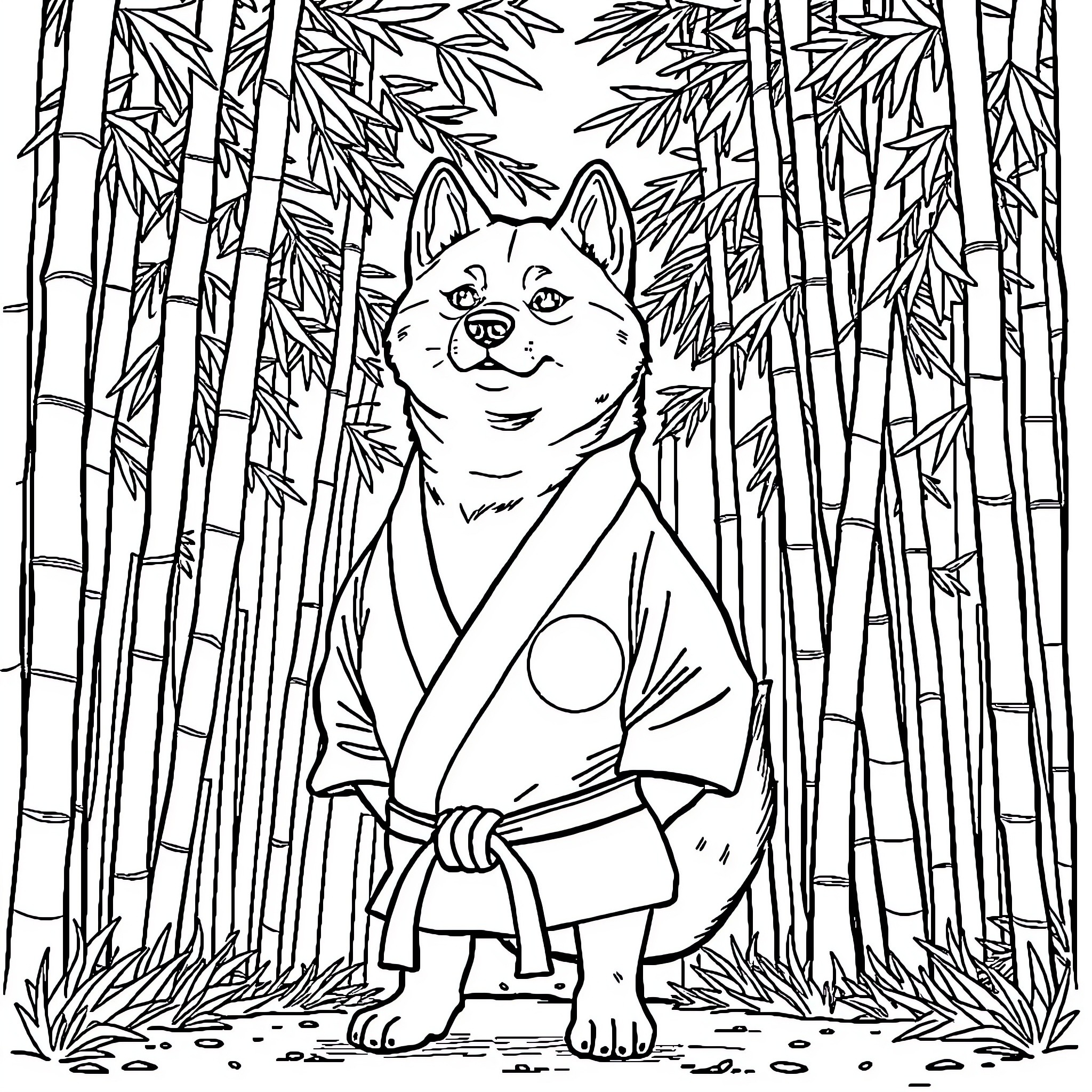Shiba Inu practicing martial arts in bamboo forest Coloring Page (free black-and-white line drawing printable PDF for all, from beginners to advanced learners, including children, teens, adults, and seniors)