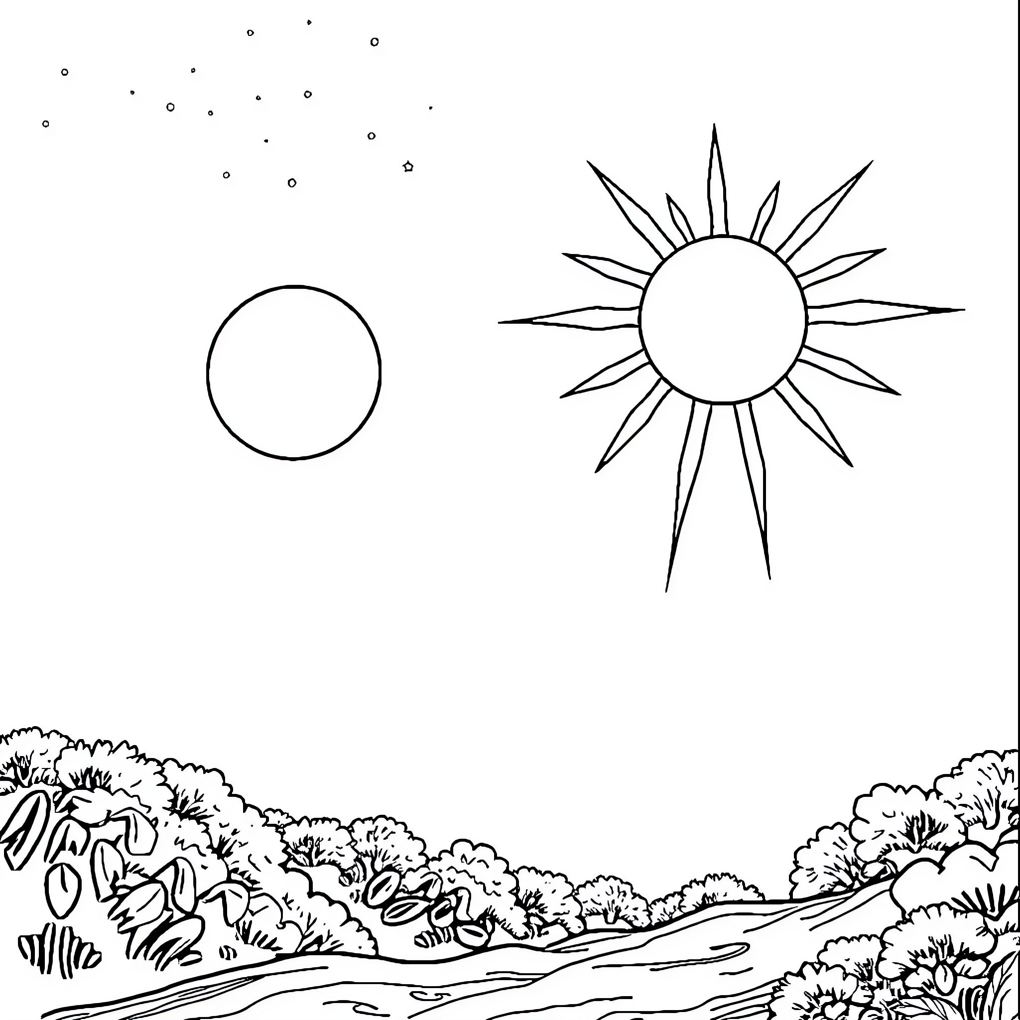 Moon and Sun in a Serene Landscape Coloring Page (free black-and-white line drawing printable PDF for all, from beginners to advanced learners, including children, teens, adults, and seniors)