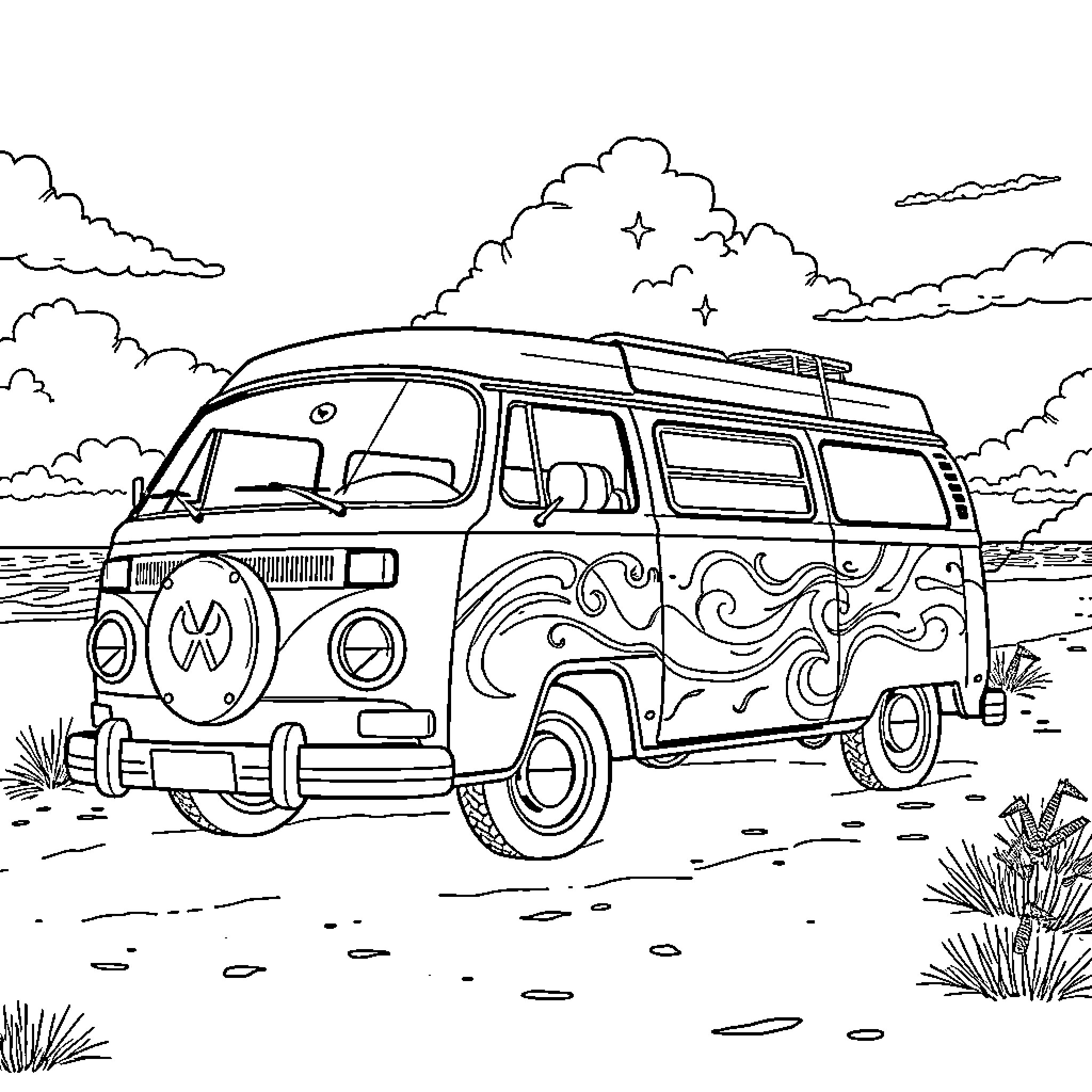 VW Campervan parked on beach with scenic ocean view Coloring Page (free black-and-white line drawing printable PDF for all, from beginners to advanced learners, including children, teens, adults, and seniors)