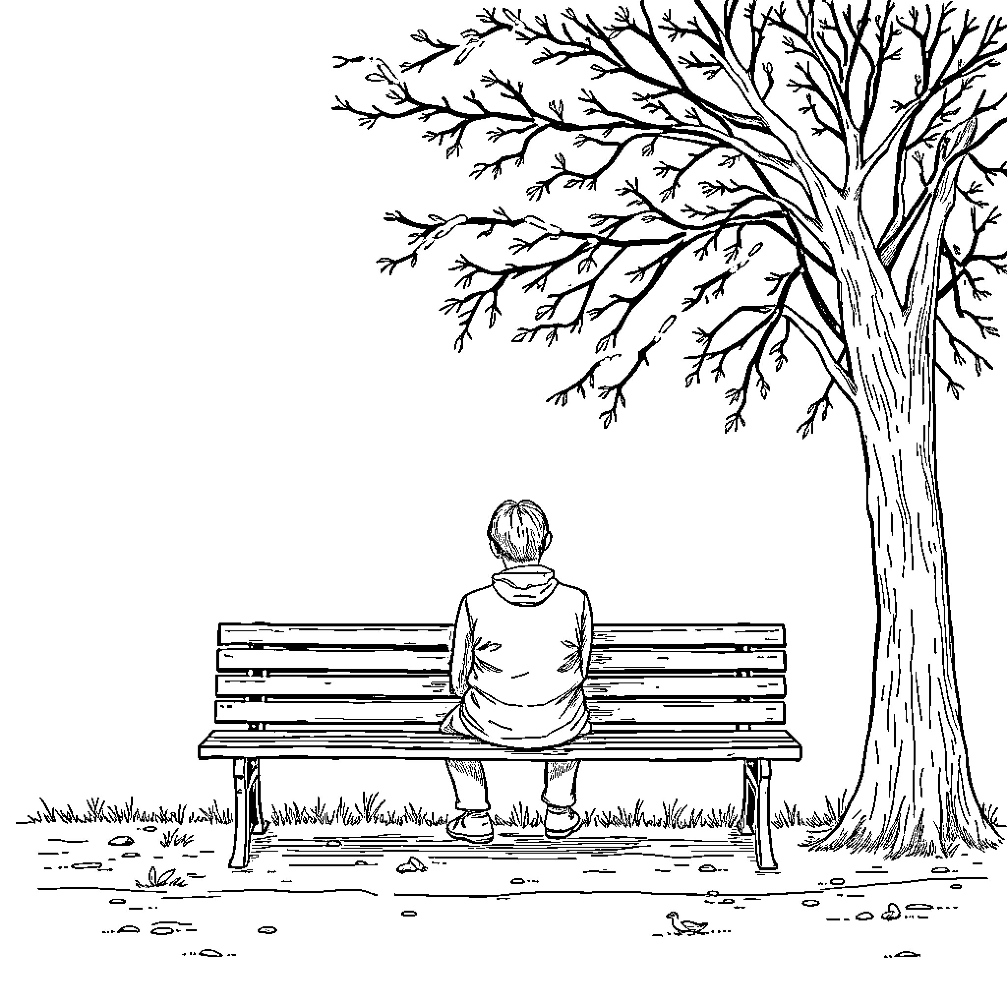 Lonely figure on a park bench under a leafless tree Coloring Page (free black-and-white line drawing printable PDF for all, from beginners to advanced learners, including children, teens, adults, and seniors)