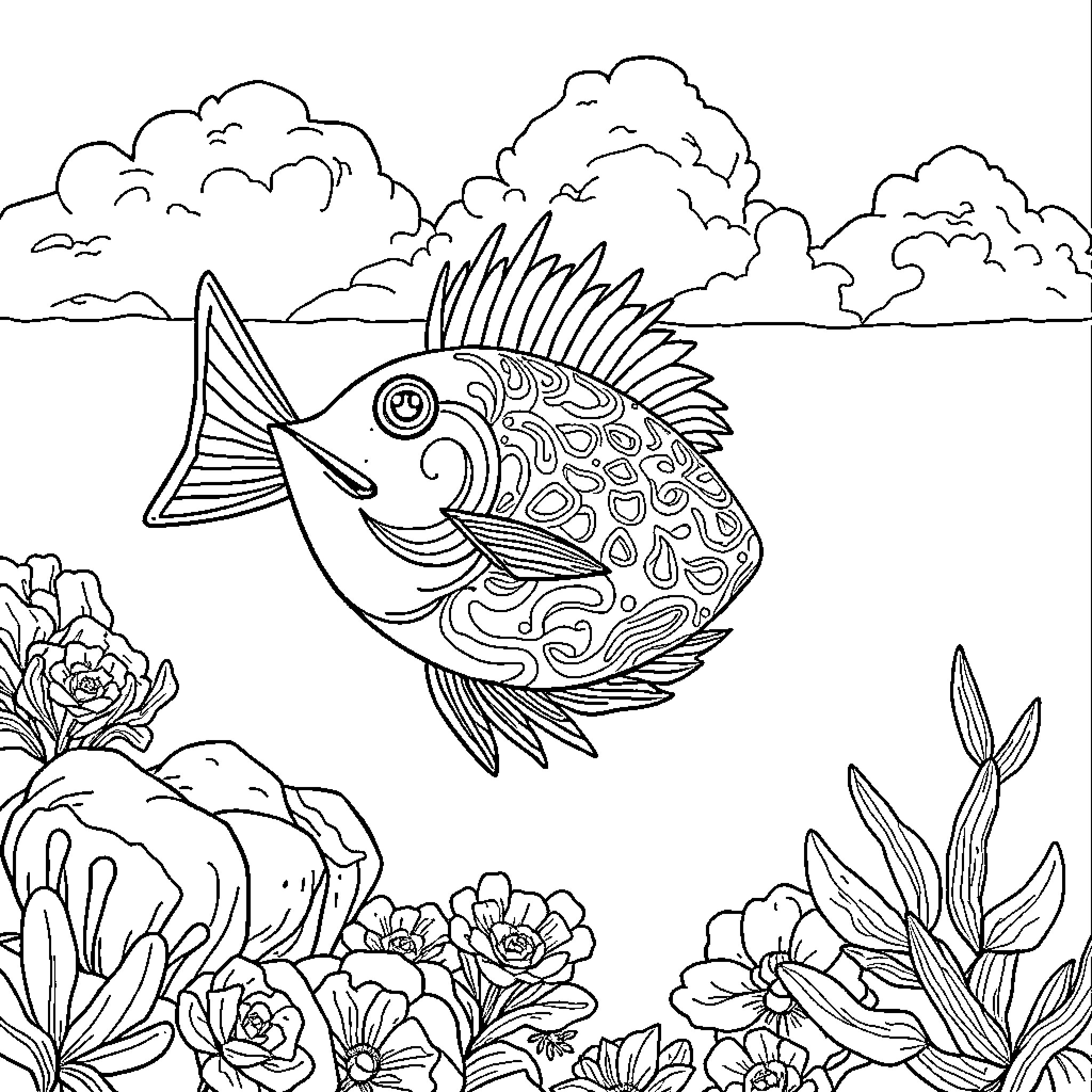 Fish swimming through a floral underwater scene Coloring Page (free black-and-white line drawing printable PDF for all, from beginners to advanced learners, including children, teens, adults, and seniors)