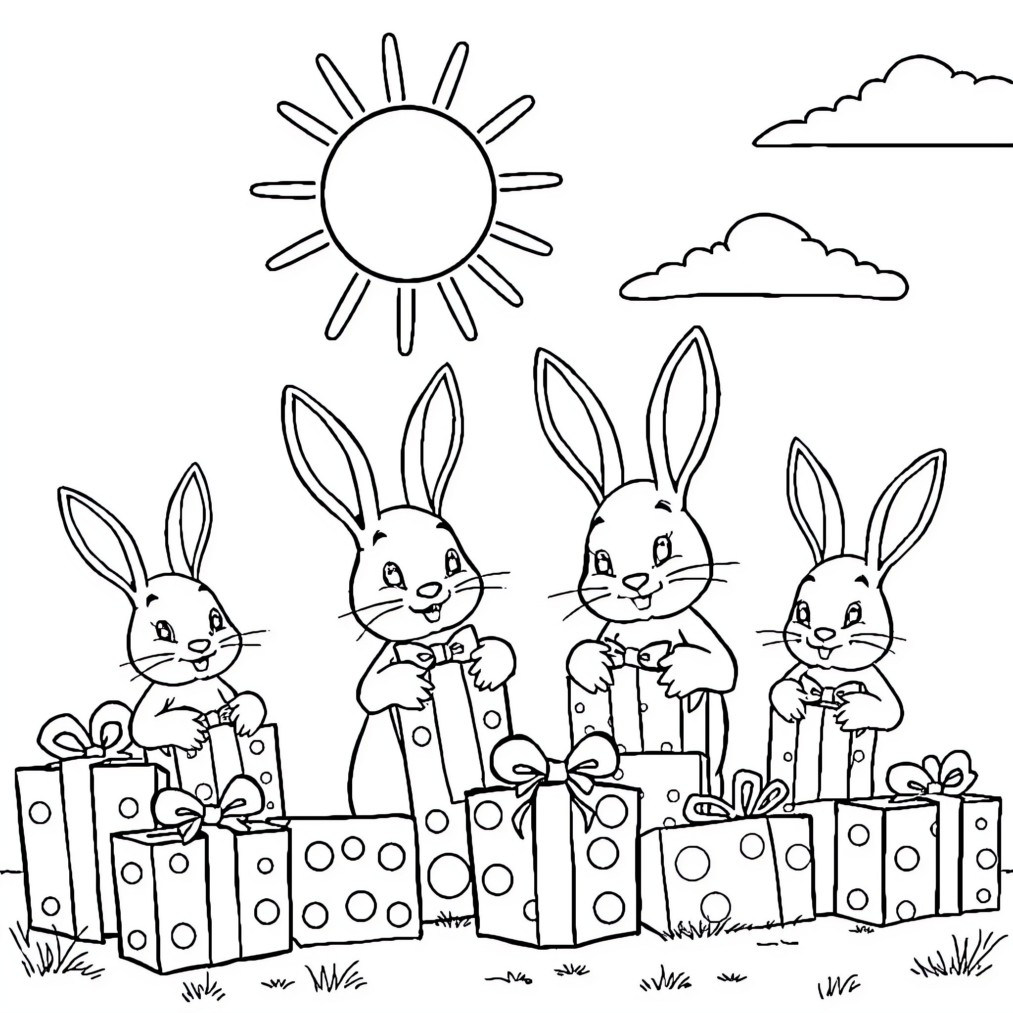 Bunny rabbits enjoying the sunshine with gifts Coloring Page (free black-and-white line drawing printable PDF for all, from beginners to advanced learners, including children, teens, adults, and seniors)
