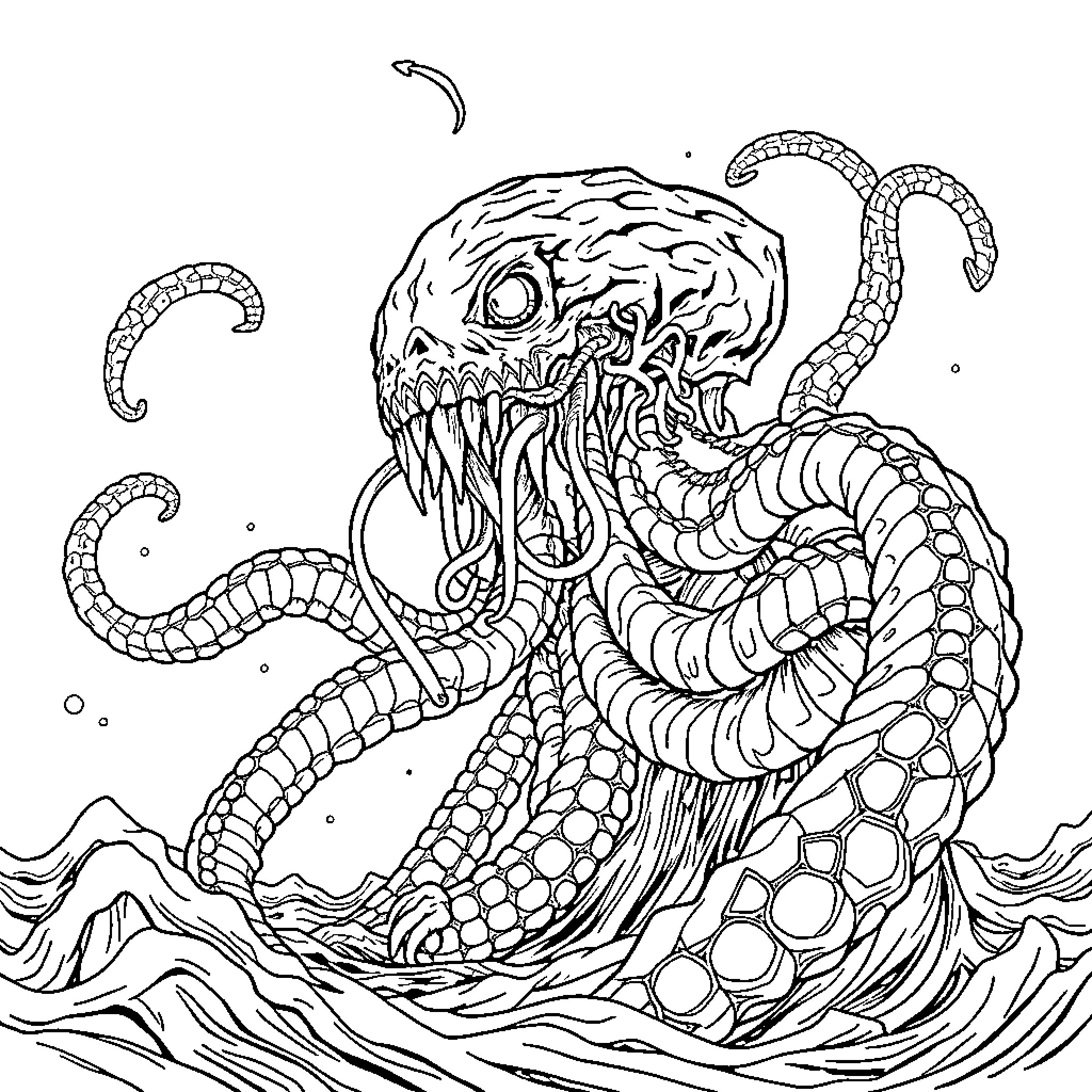 Kraken Emerging from Tumultuous Waves Coloring Page (free black-and-white line drawing printable PDF for all, from beginners to advanced learners, including children, teens, adults, and seniors)