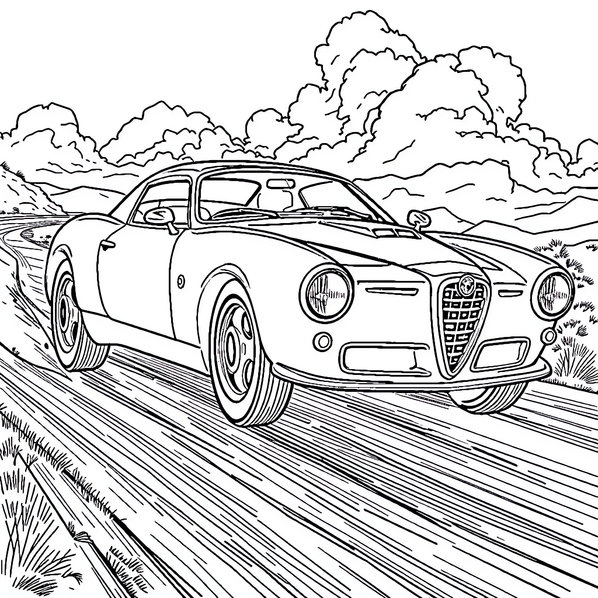 Alfa Romeo sports car speeding through the countryside Coloring Page (free black-and-white line drawing printable PDF for all, from beginners to advanced learners, including children, teens, adults, and seniors)