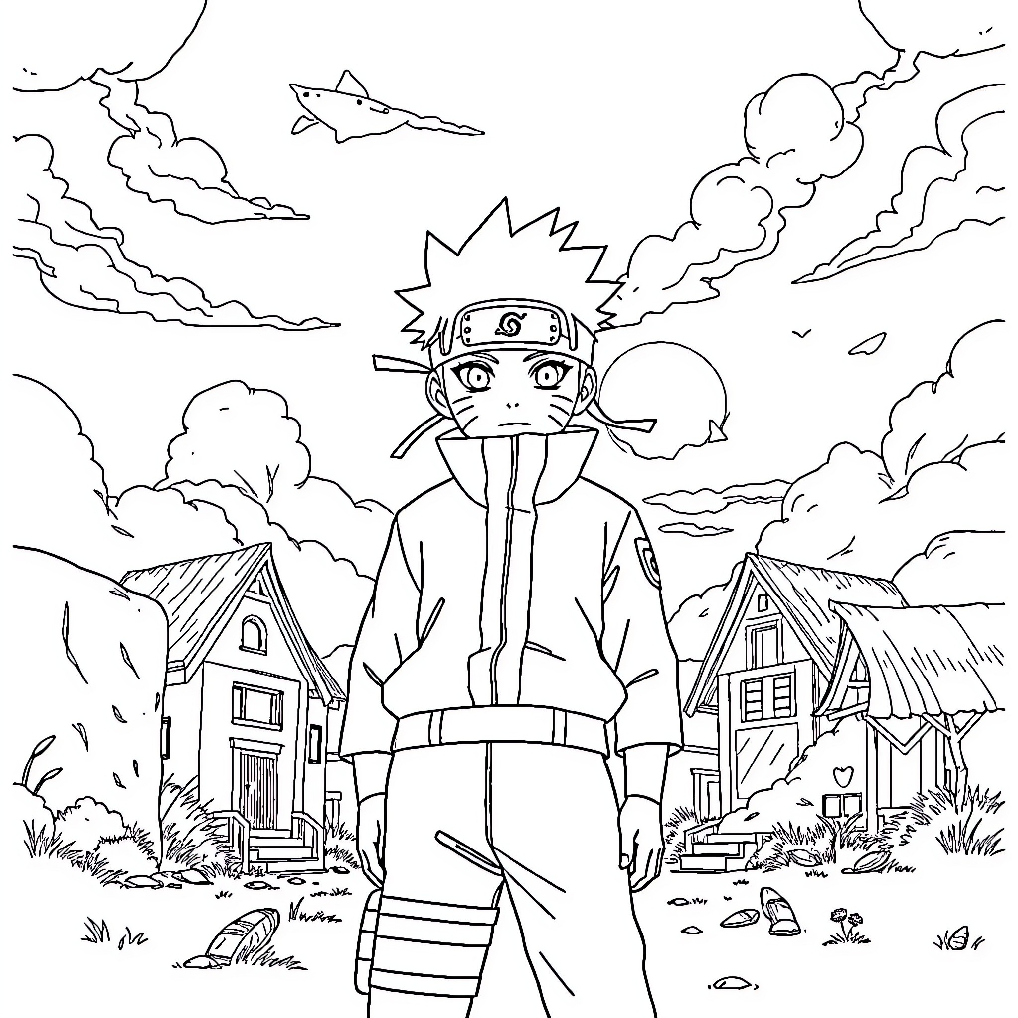 Naruto in a dynamic village scene Coloring Page (free black-and-white line drawing printable PDF for all, from beginners to advanced learners, including children, teens, adults, and seniors)