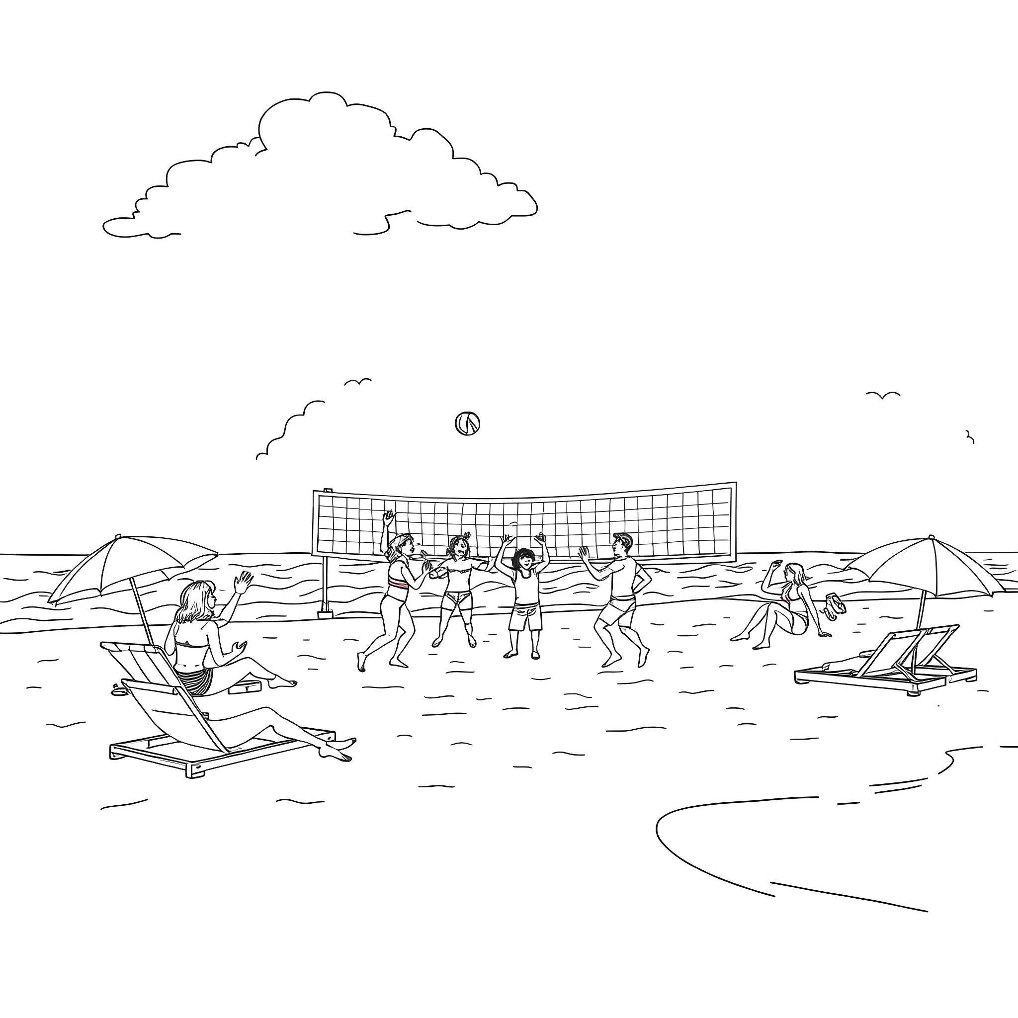 Beach volleyball game on a sunny day Coloring Page (free black-and-white line drawing printable PDF for all, from beginners to advanced learners, including children, teens, adults, and seniors)