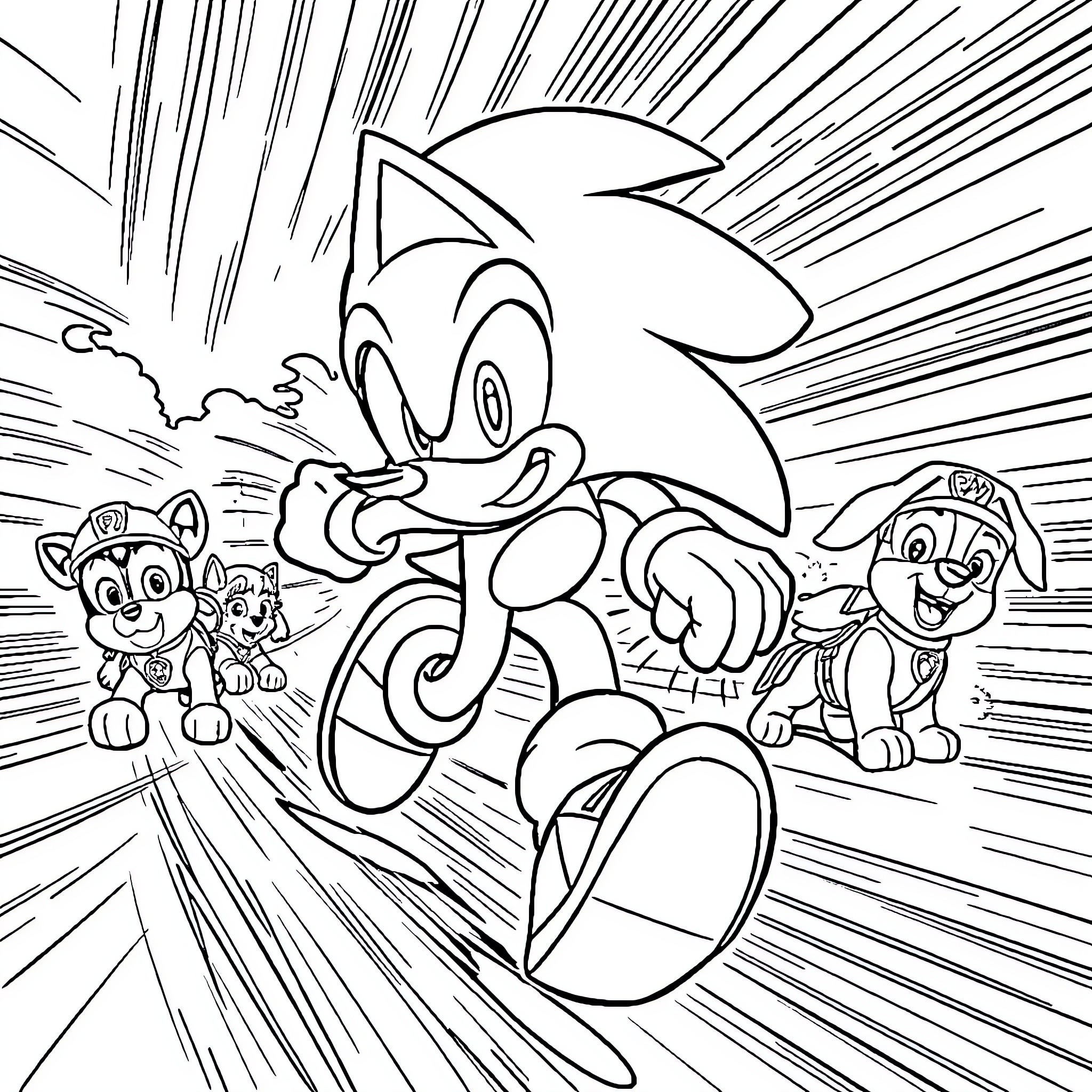 Sonic Racing with Paw Patrol Pups in Action Coloring Page (free black-and-white line drawing printable PDF for all, from beginners to advanced learners, including children, teens, adults, and seniors)