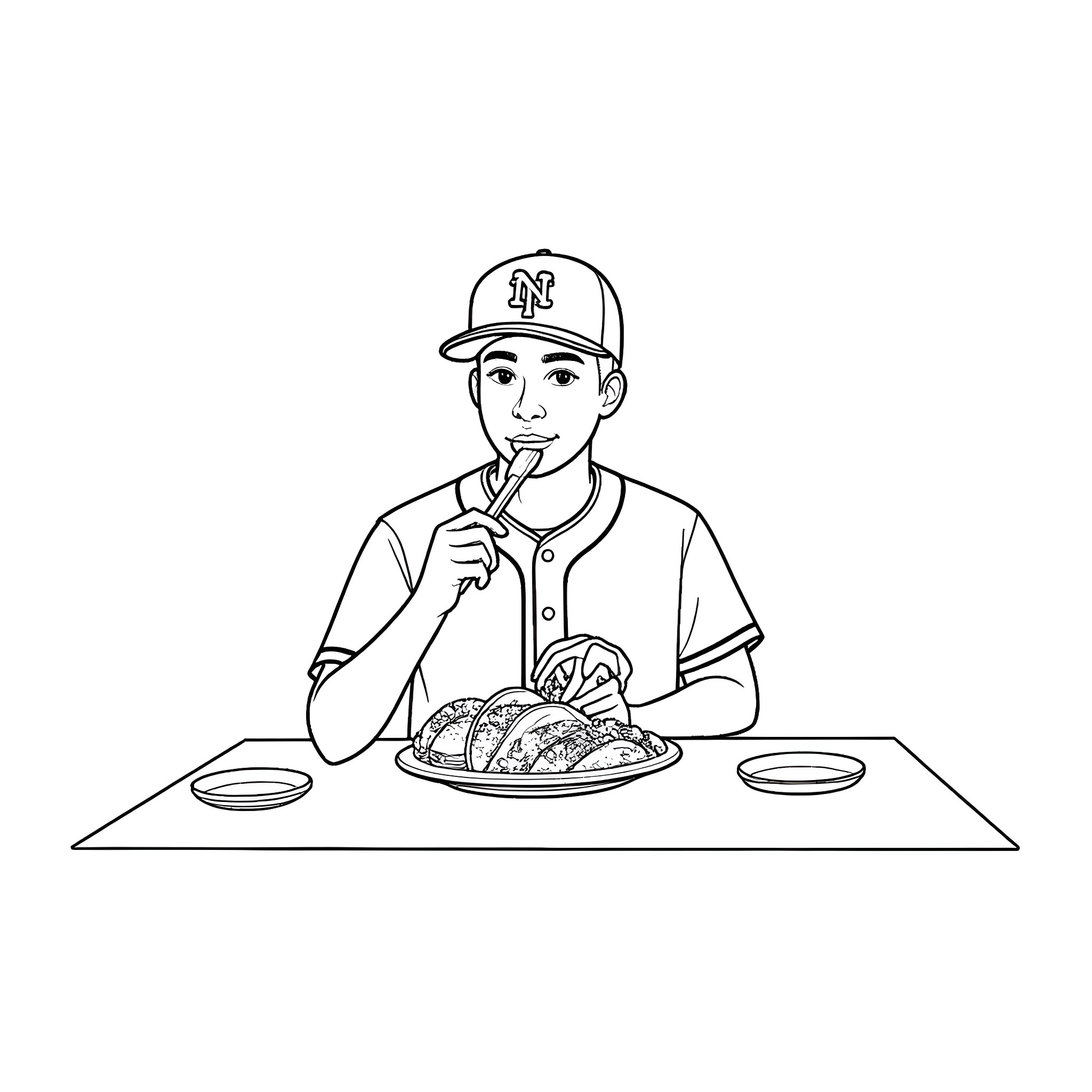 Mets Player Enjoying a Meal Coloring Page (free black-and-white line drawing printable PDF for all, from beginners to advanced learners, including children, teens, adults, and seniors)