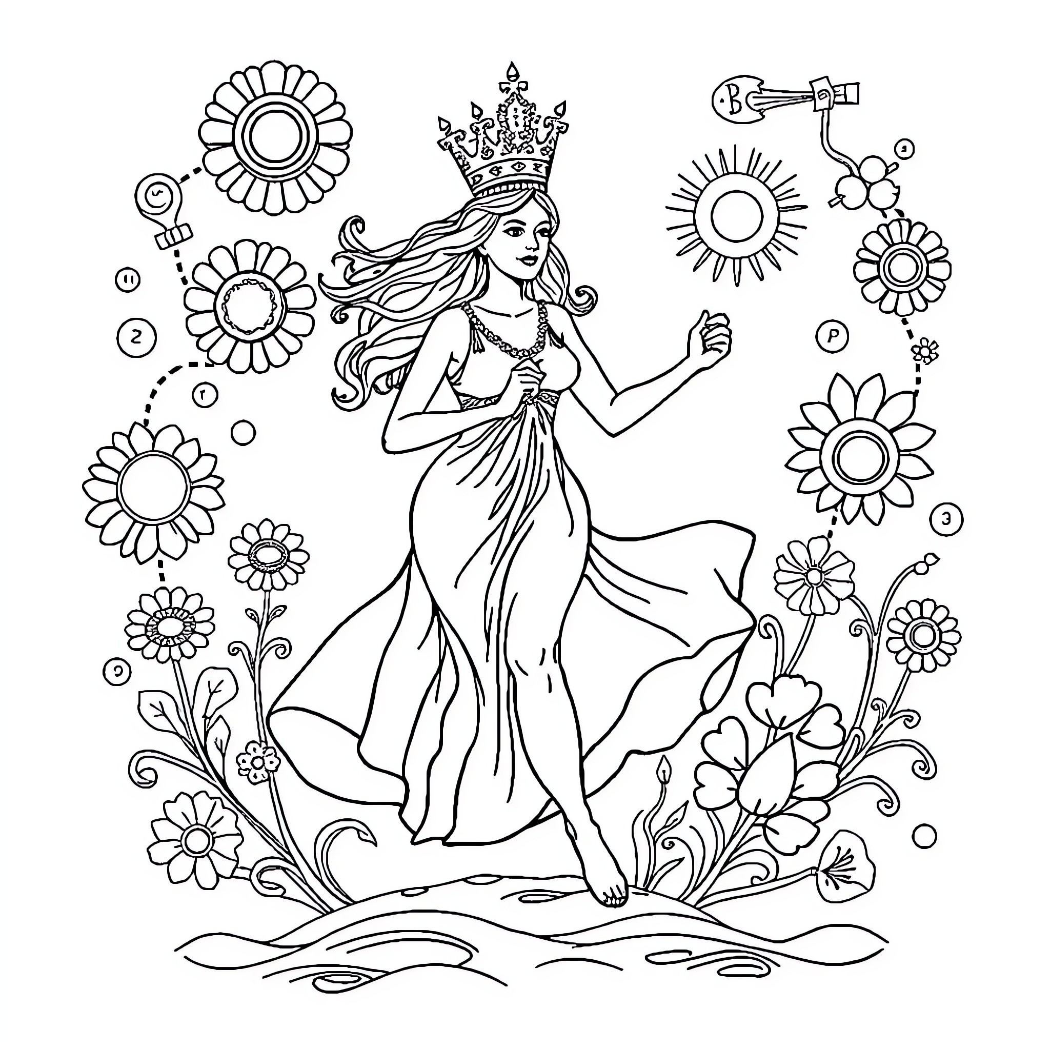 Queen in Radiant Floral Splendor Coloring Page (free black-and-white line drawing printable PDF for all, from beginners to advanced learners, including children, teens, adults, and seniors)