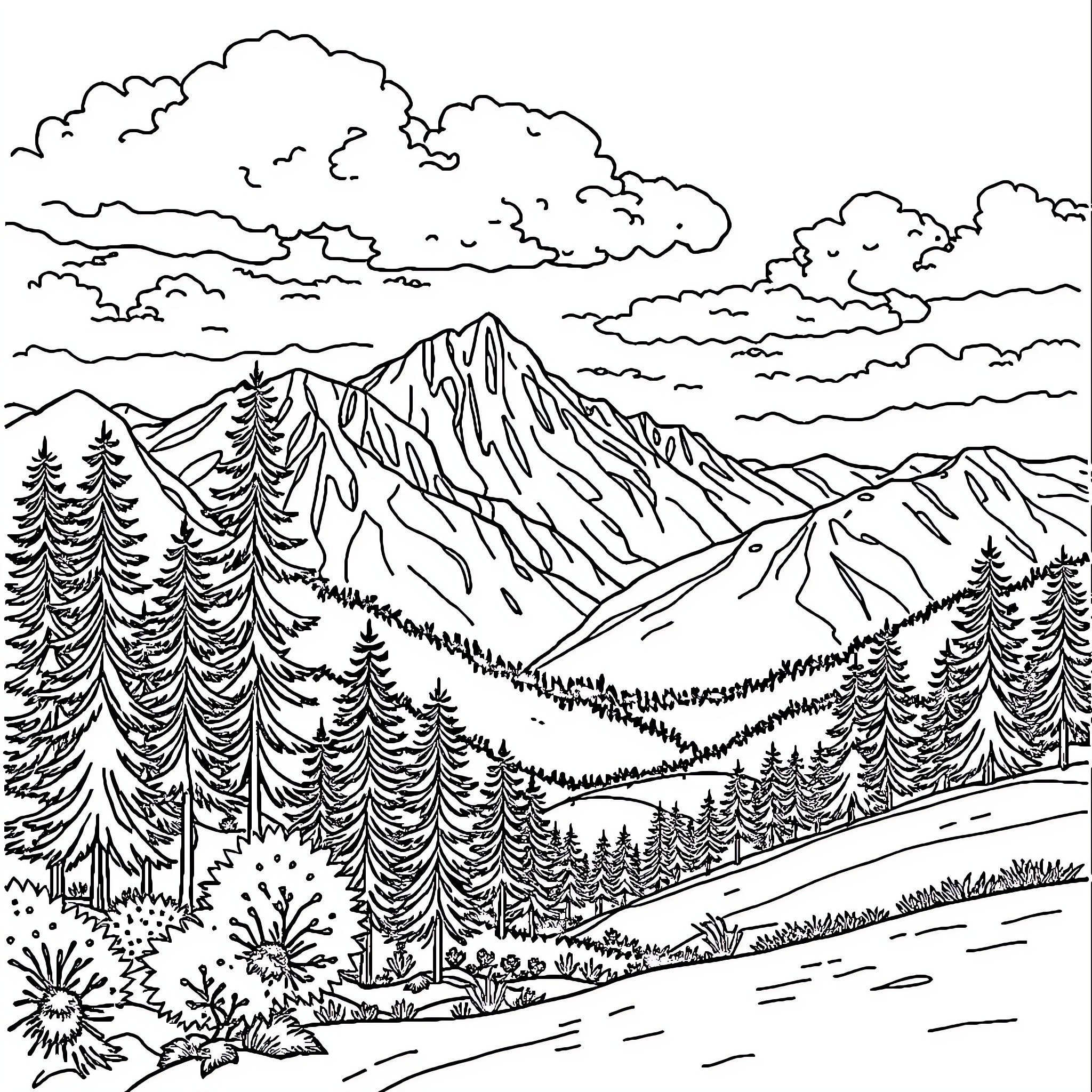 Drawing of a Scenic Mountain Landscape Coloring Page (free black-and-white line drawing printable PDF for all, from beginners to advanced learners, including children, teens, adults, and seniors)