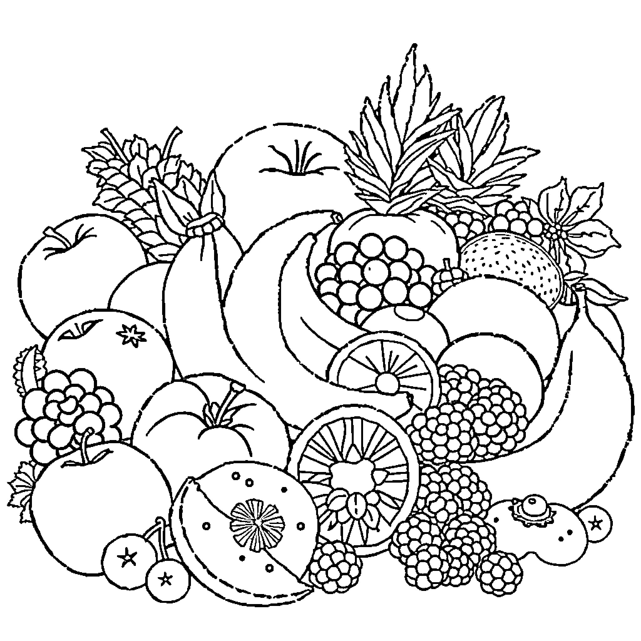 Fruit-filled composition with diverse shapes and patterns Coloring Page (free black-and-white line drawing printable PDF for all, from beginners to advanced learners, including children, teens, adults, and seniors)