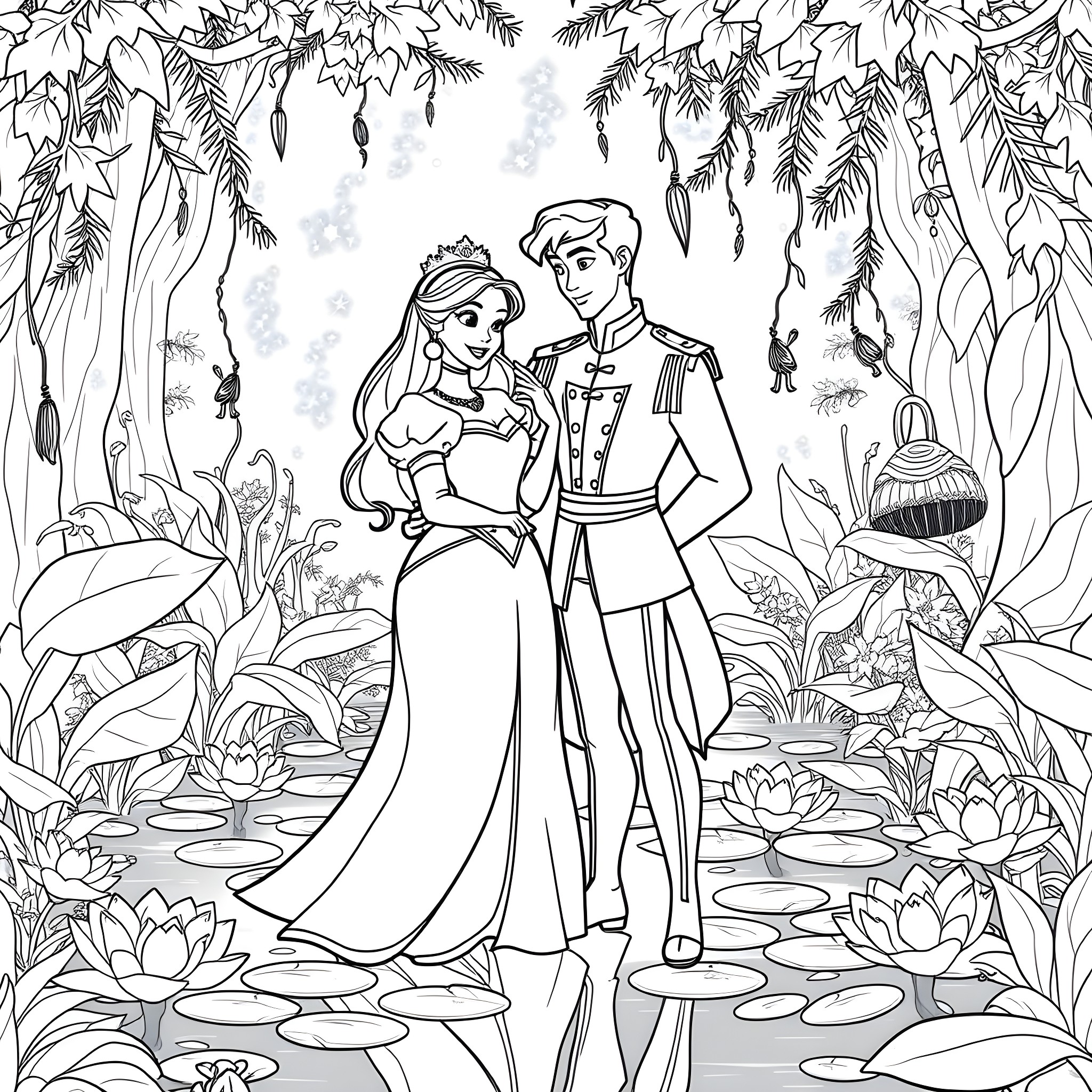 Tiana and Prince Charming's Enchanting Garden Stroll Coloring Page (free black-and-white line drawing printable PDF for all, from beginners to advanced learners, including children, teens, adults, and seniors)