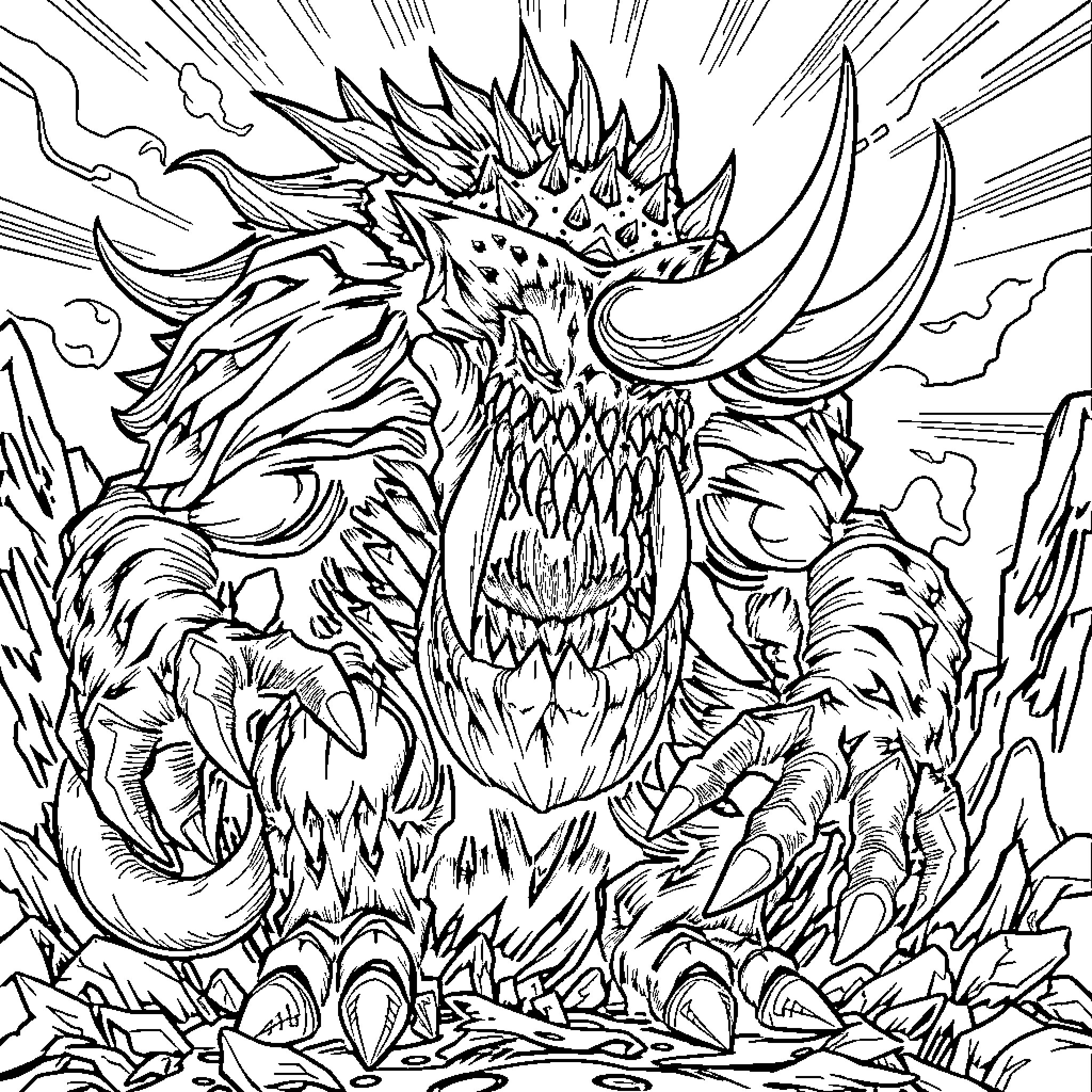 Monster Ferociously Emerging from Chaotic Surroundings Coloring Page (free black-and-white line drawing printable PDF for all, from beginners to advanced learners, including children, teens, adults, and seniors)