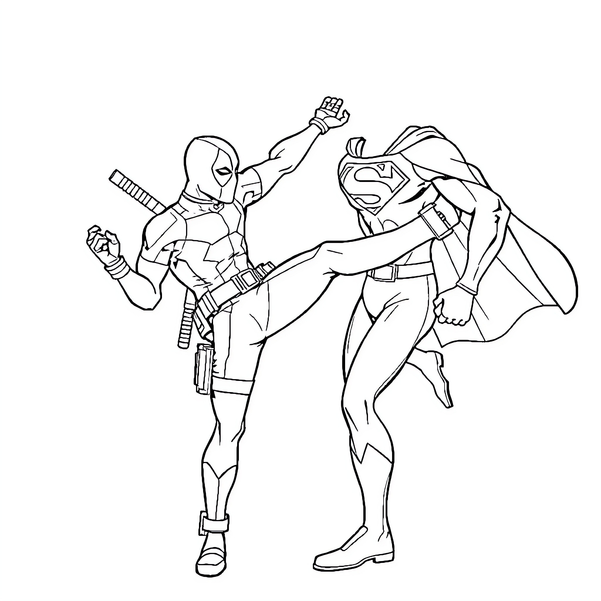 Deadpool fighting heroic character in action pose Coloring Page (free black-and-white line drawing printable PDF for all, from beginners to advanced learners, including children, teens, adults, and seniors)