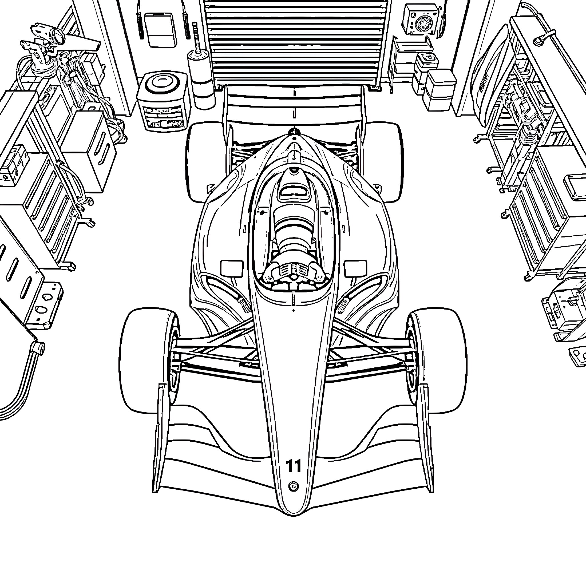 Formula 1 Car in Garage with Technical Equipment Coloring Page (free black-and-white line drawing printable PDF for all, from beginners to advanced learners, including children, teens, adults, and seniors)