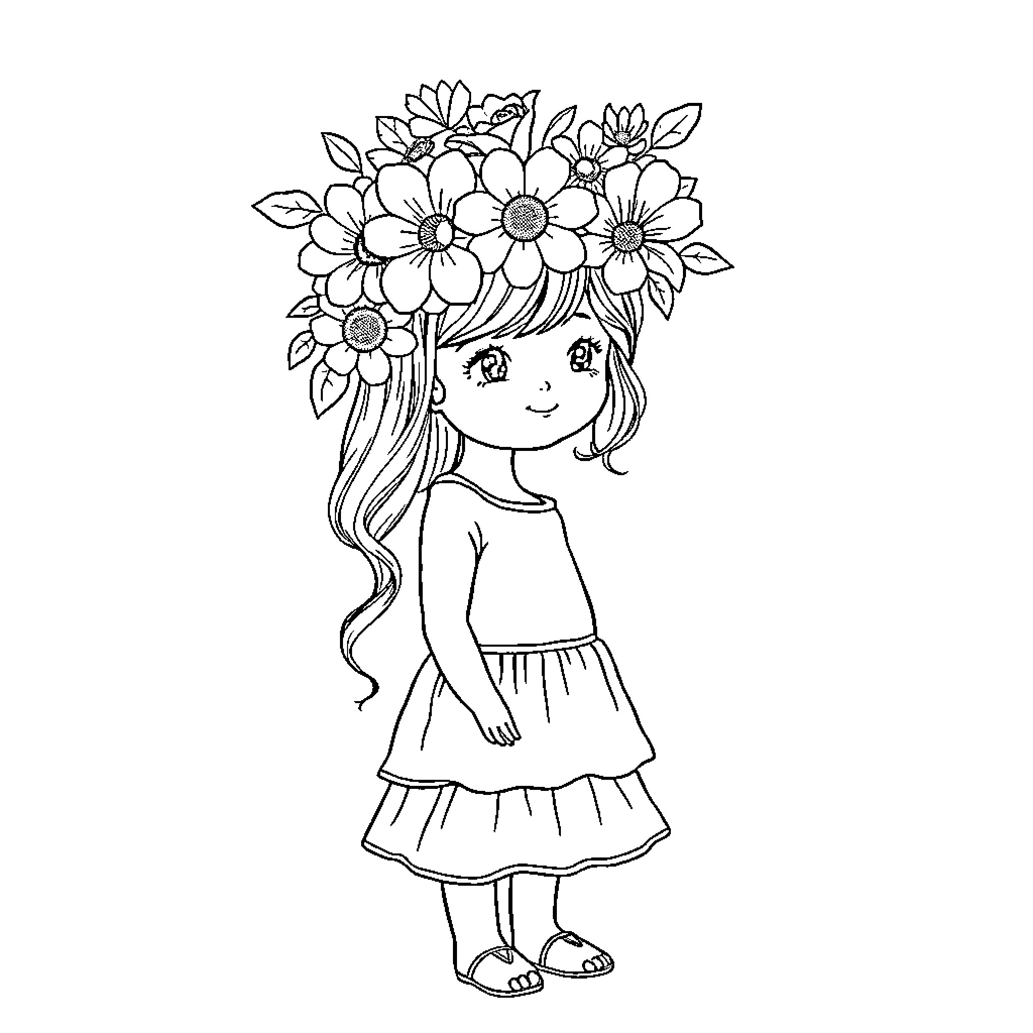 Girl wearing a flower crown with a smile Coloring Page (free black-and-white line drawing printable PDF for all, from beginners to advanced learners, including children, teens, adults, and seniors)