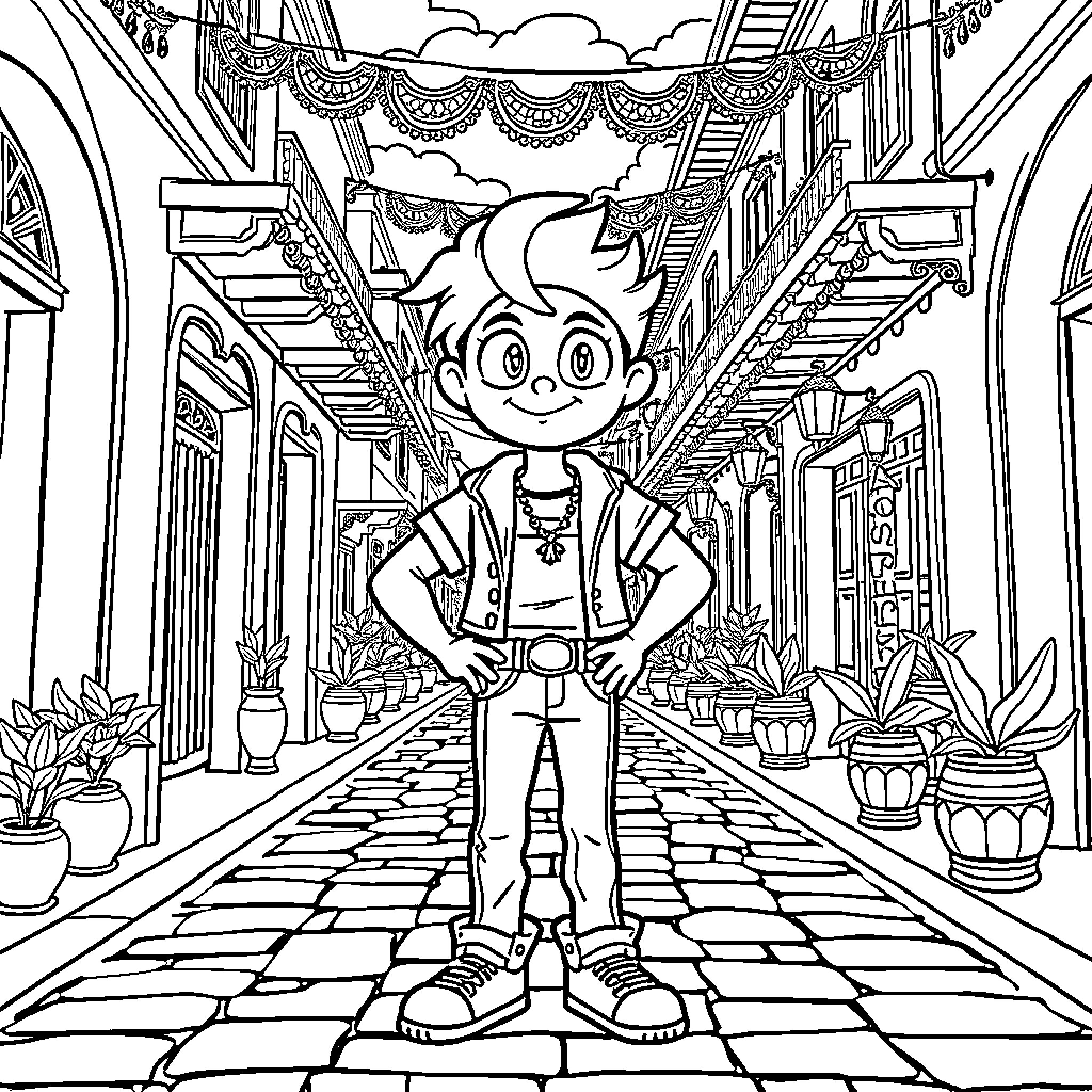 Jojo Character exploring a vibrant town Coloring Page (free black-and-white line drawing printable PDF for all, from beginners to advanced learners, including children, teens, adults, and seniors)