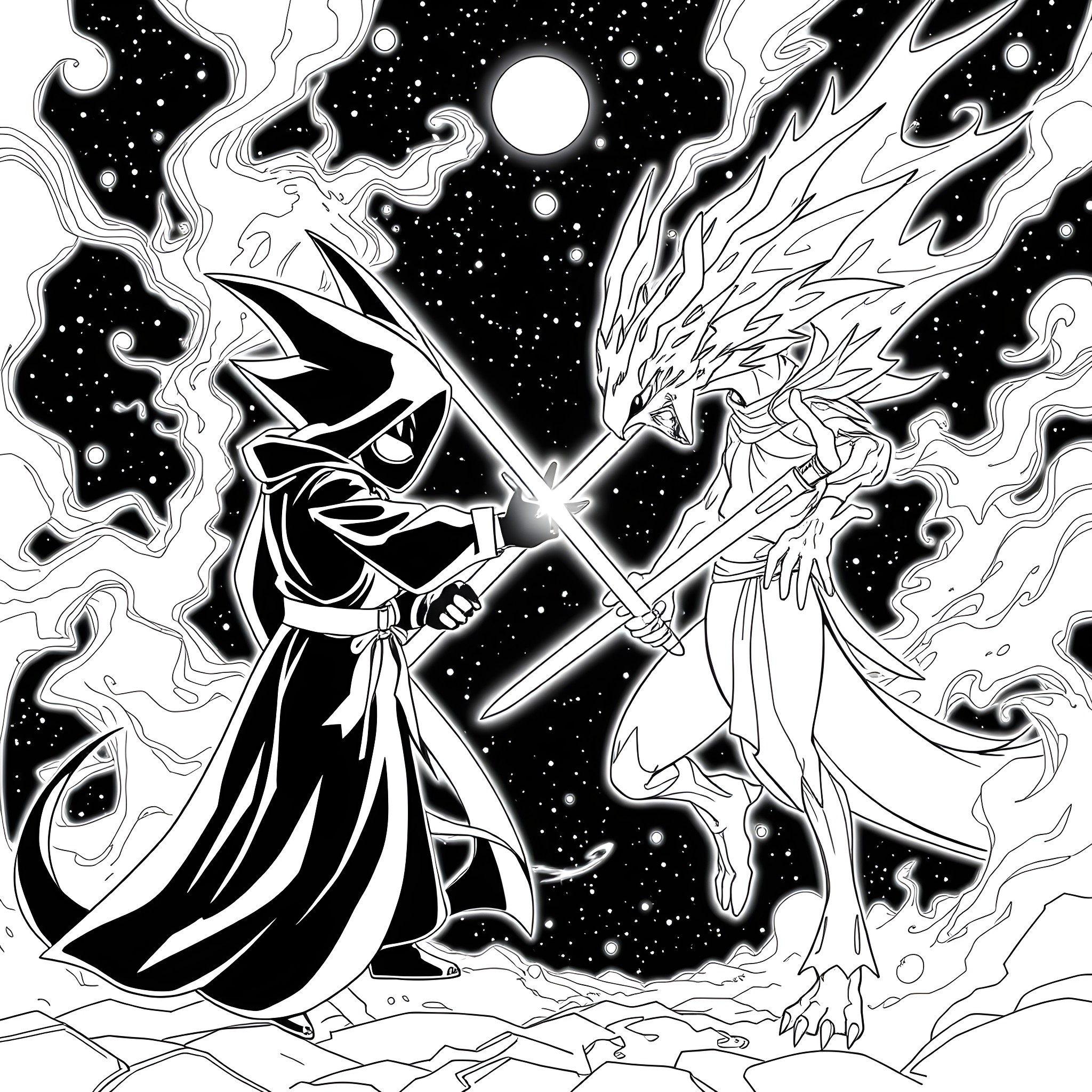 Pokémon Trainer Facing Off Against Mythical Creature Coloring Page (free black-and-white line drawing printable PDF for all, from beginners to advanced learners, including children, teens, adults, and seniors)