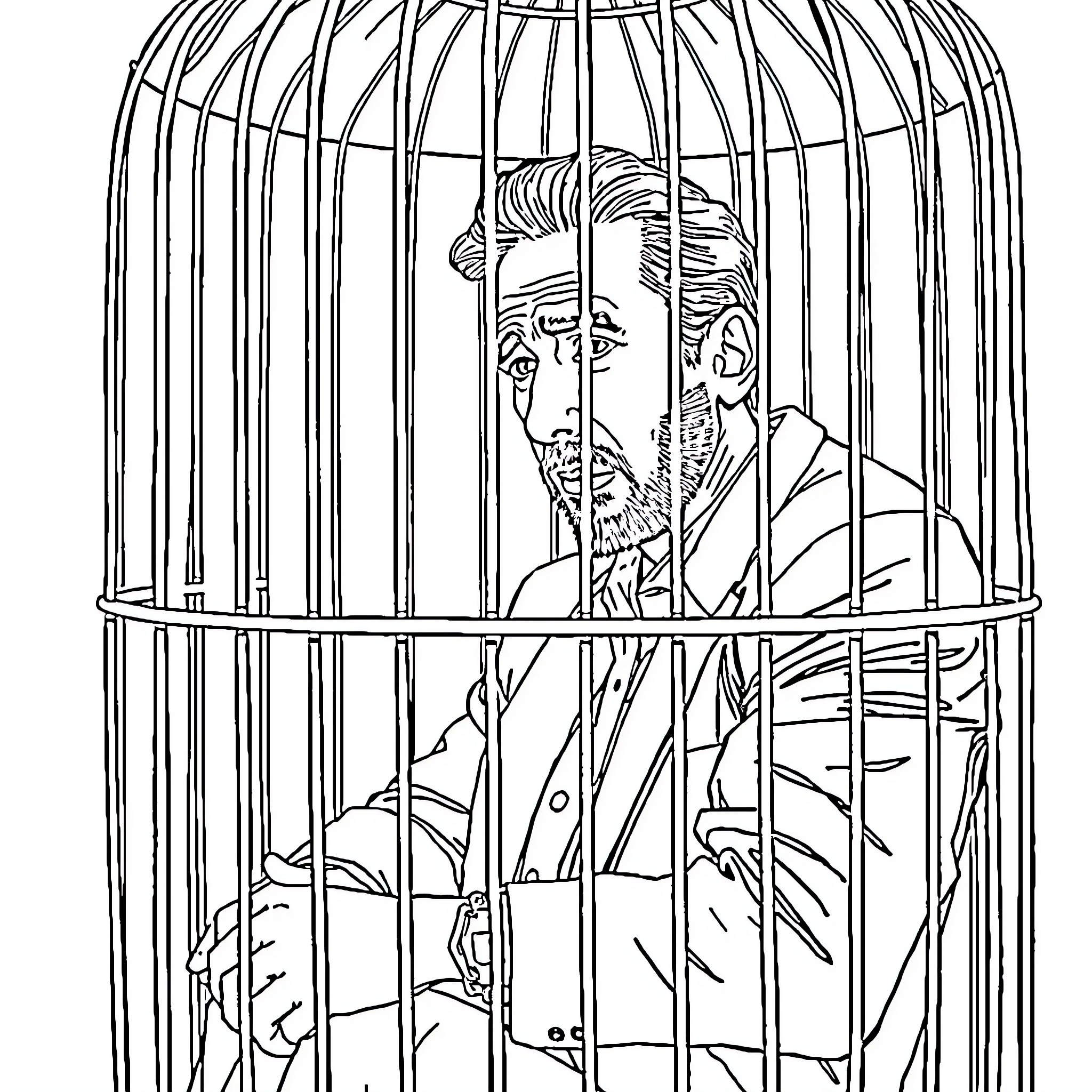 Nicholas Cage Trapped in a Birdcage Coloring Page (free black-and-white line drawing printable PDF for all, from beginners to advanced learners, including children, teens, adults, and seniors)