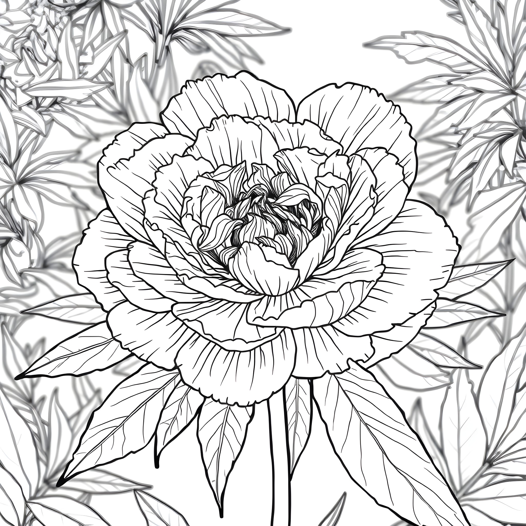 Peony flower in a lush botanical garden Coloring Page (free black-and-white line drawing printable PDF for all, from beginners to advanced learners, including children, teens, adults, and seniors)