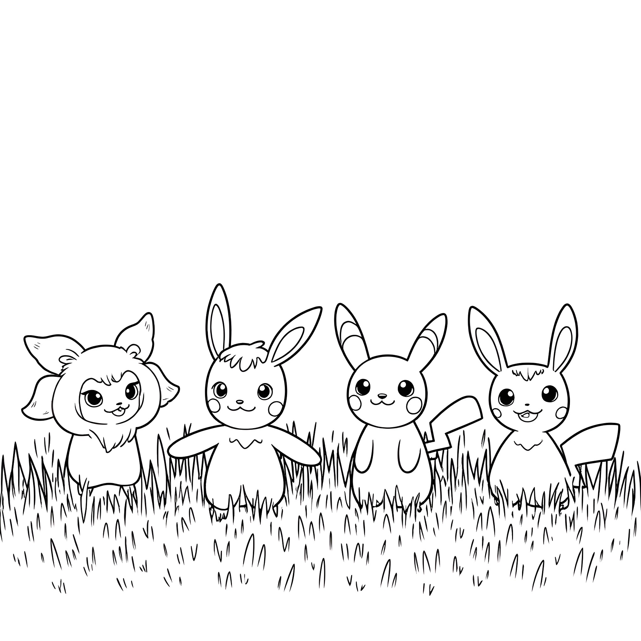 Pokémon characters playing happily in the grass Coloring Page (free black-and-white line drawing printable PDF for all, from beginners to advanced learners, including children, teens, adults, and seniors)