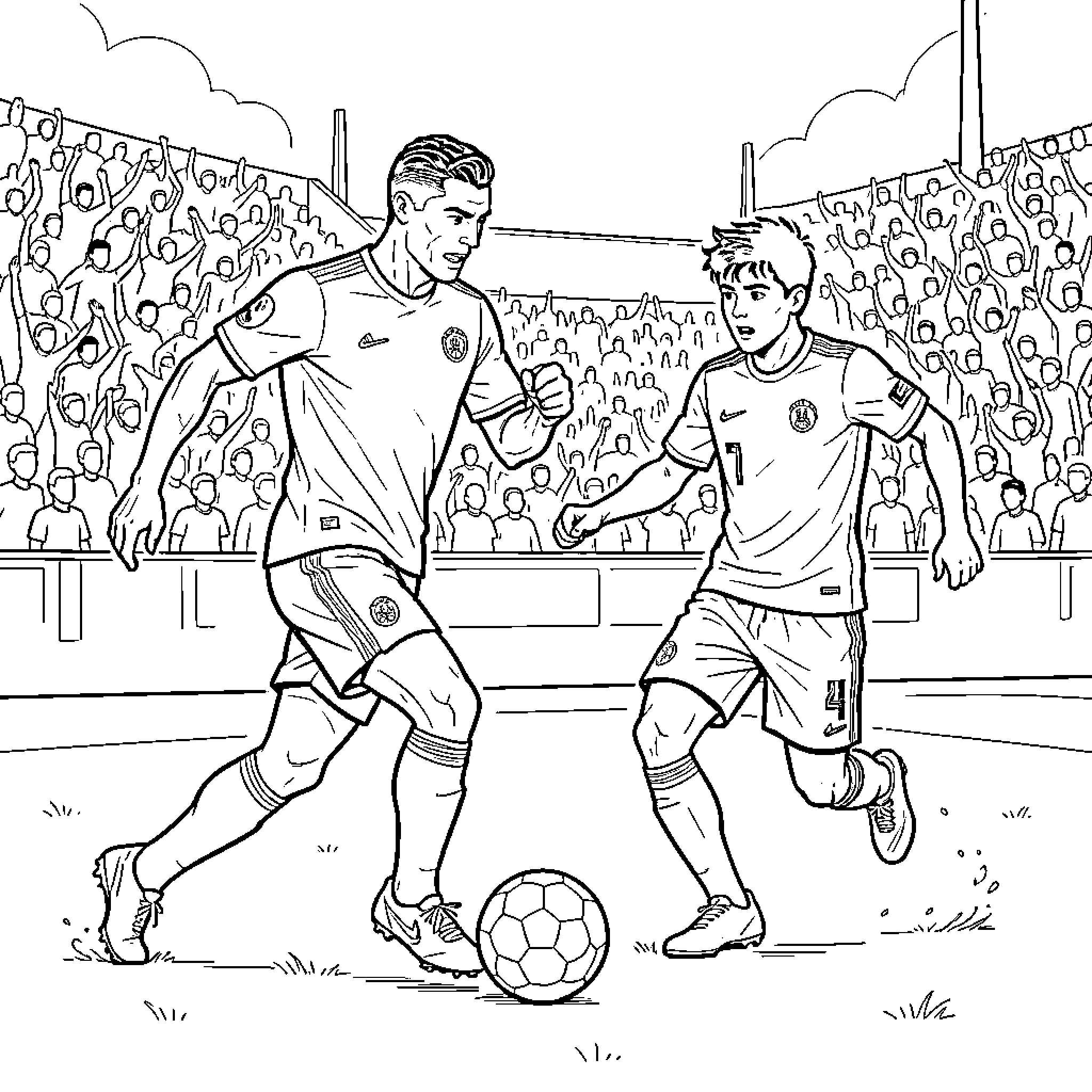 Cristiano Ronaldo dribbling a soccer ball past an opponent Coloring Page (free black-and-white line drawing printable PDF for all, from beginners to advanced learners, including children, teens, adults, and seniors)