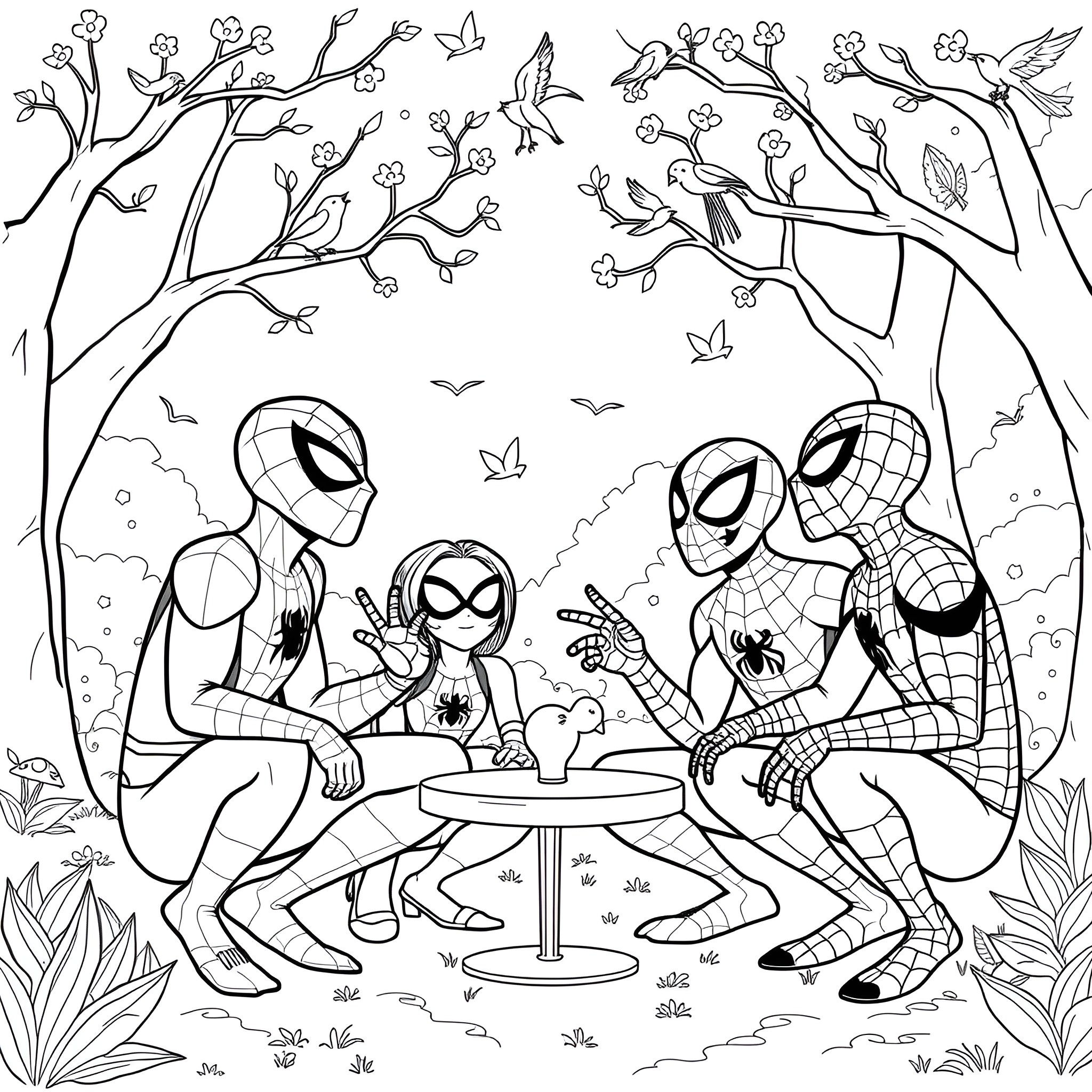 Spidey heroes having fun in the nature Coloring Page (free black-and-white line drawing printable PDF for all, from beginners to advanced learners, including children, teens, adults, and seniors)