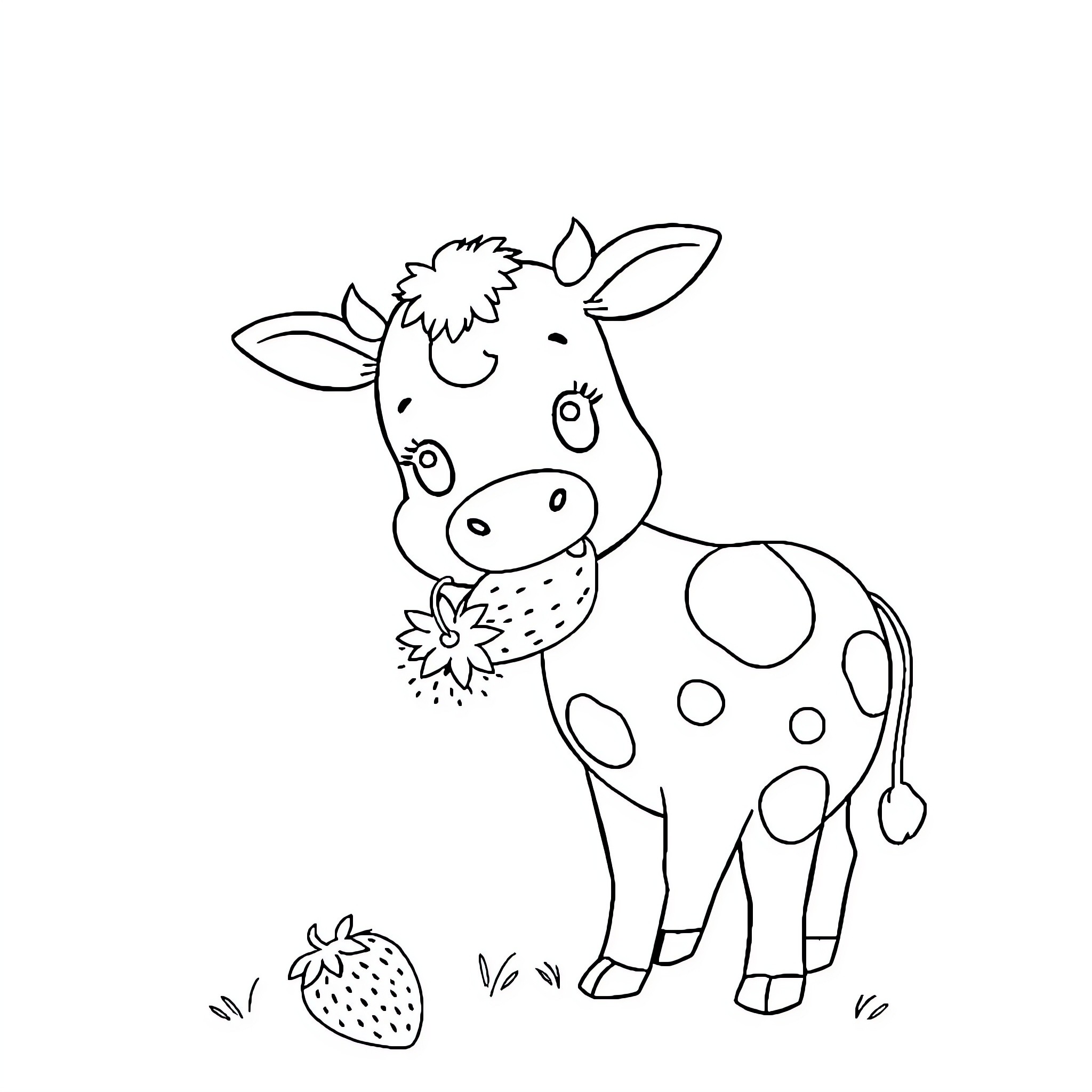Strawberry Cow enjoying the outdoors Coloring Page (free black-and-white line drawing printable PDF for all, from beginners to advanced learners, including children, teens, adults, and seniors)