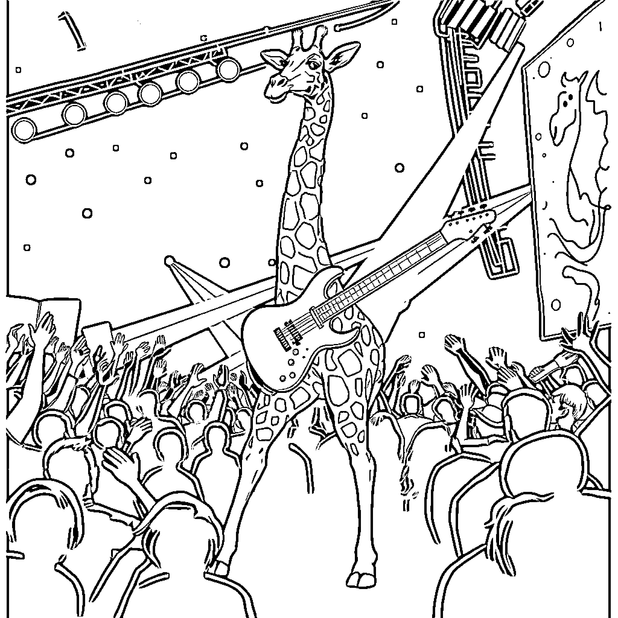 Giraffe playing guitar for an enthusiastic crowd Coloring Page (free black-and-white line drawing printable PDF for all, from beginners to advanced learners, including children, teens, adults, and seniors)