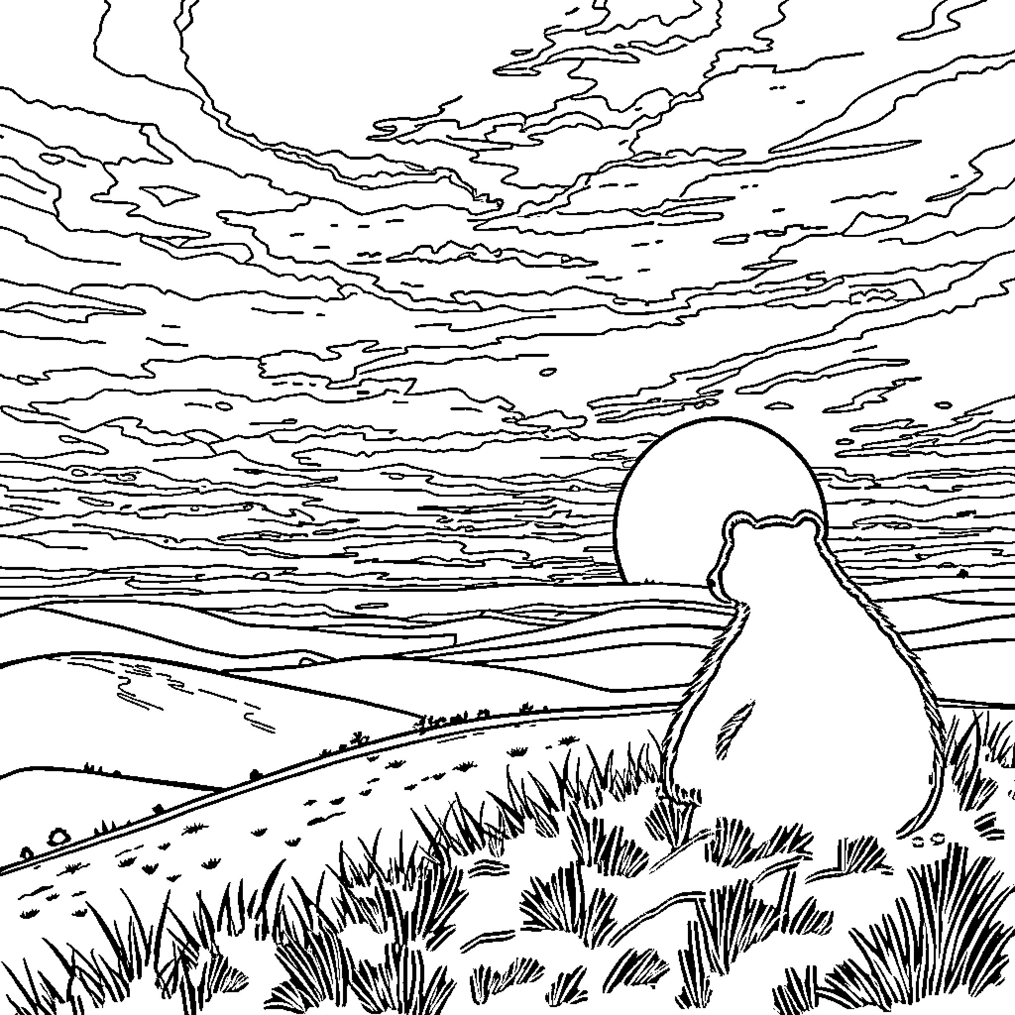 Bear admiring the scenic landscape at sunset Coloring Page (free black-and-white line drawing printable PDF for all, from beginners to advanced learners, including children, teens, adults, and seniors)